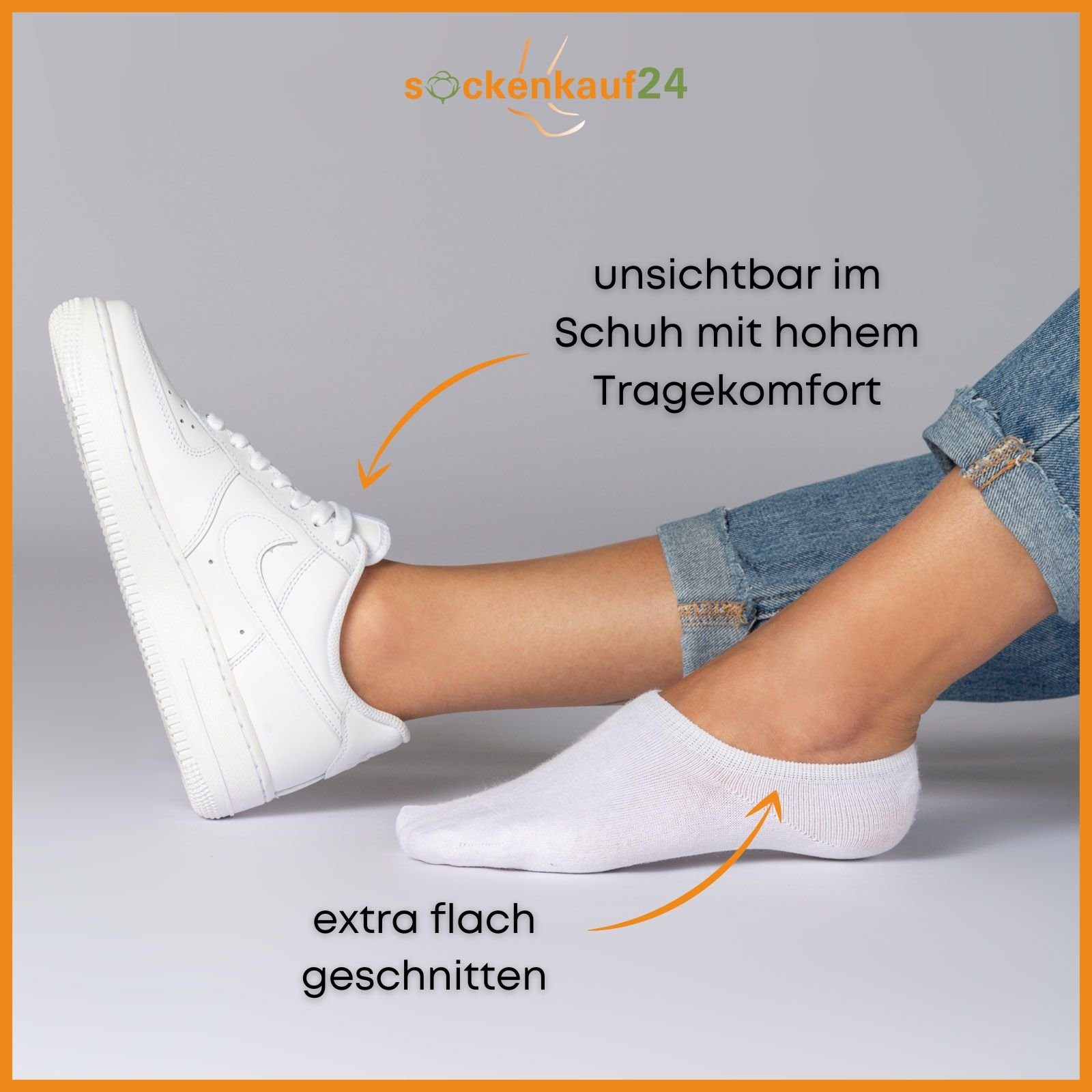 sockenkauf24 Sneakersocken 10 Paar Damen & Herren Füßlinge unsichtbare kurze Socken (Weiß, 47-50) mit Silikonpad gegen Verrutschen - 16805 WP