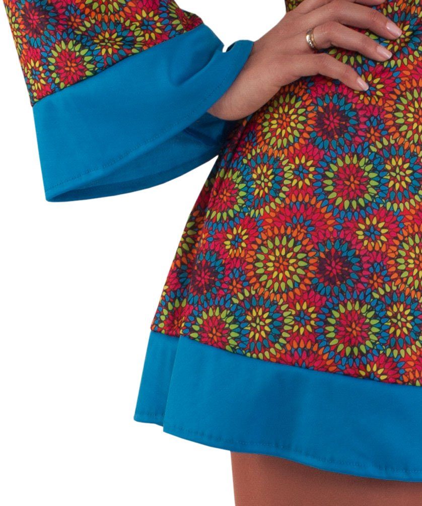 Karneval-Klamotten Hippie-Kostüm Damenkostüm Flower Power 60er Jahre, Kleid türkis-bunt, V-Ausschnitt, mit Haarband