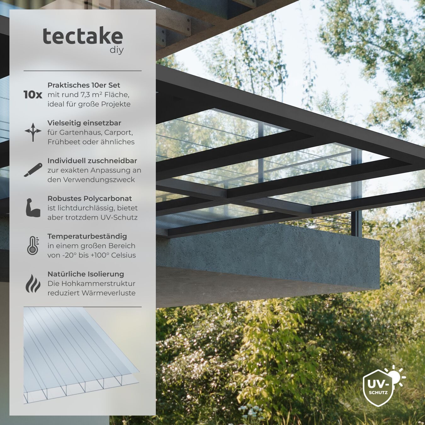 tectake Doppelstegplatte Hohlkammerplatten, UV-beständig, 121 x 60,5 x 0,4 cm je Platte, 0,4 mm, (Polycarbonat Stegplatten Shiny, 10-St., 7,32 m² Gesamtfläche), lichtdurchlässig, wärmedämmend, temperaturresistent, robust
