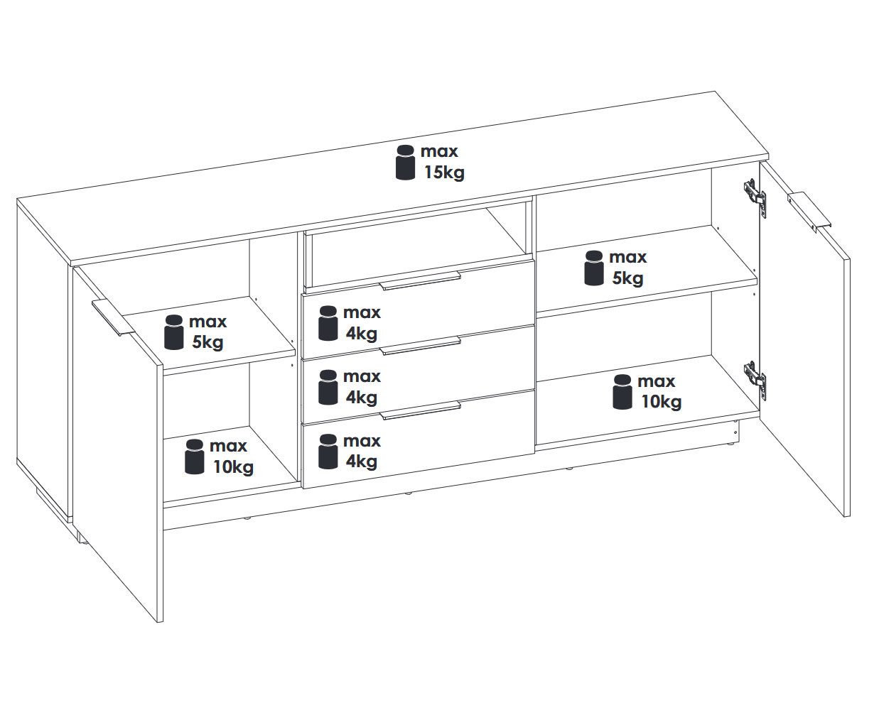 Feldmann-Wohnen Sideboard Alicante (2 Türen, 3 Schubladen, 1 offenes Fach, 1 St., moderne Optik, holzfarbene Akzente, Griffstücke), 180x35x85cm walnussfarben / schwarzgrau