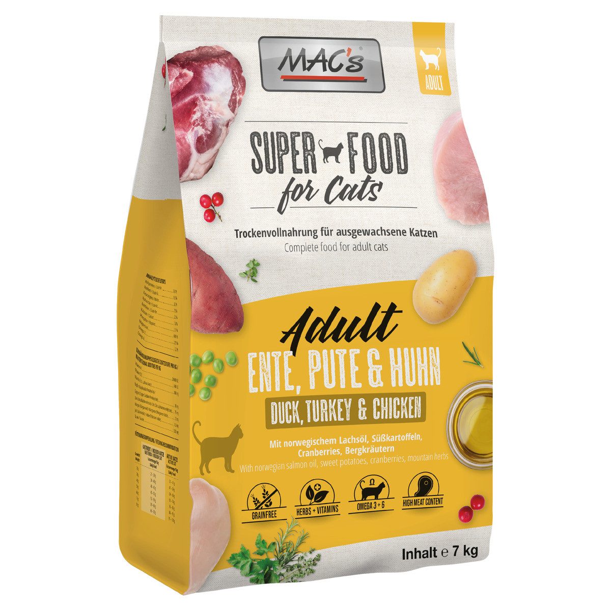 MAC'S Adult Ente, Pute & Huhn 7 kg, Trockenfutter für: Katze