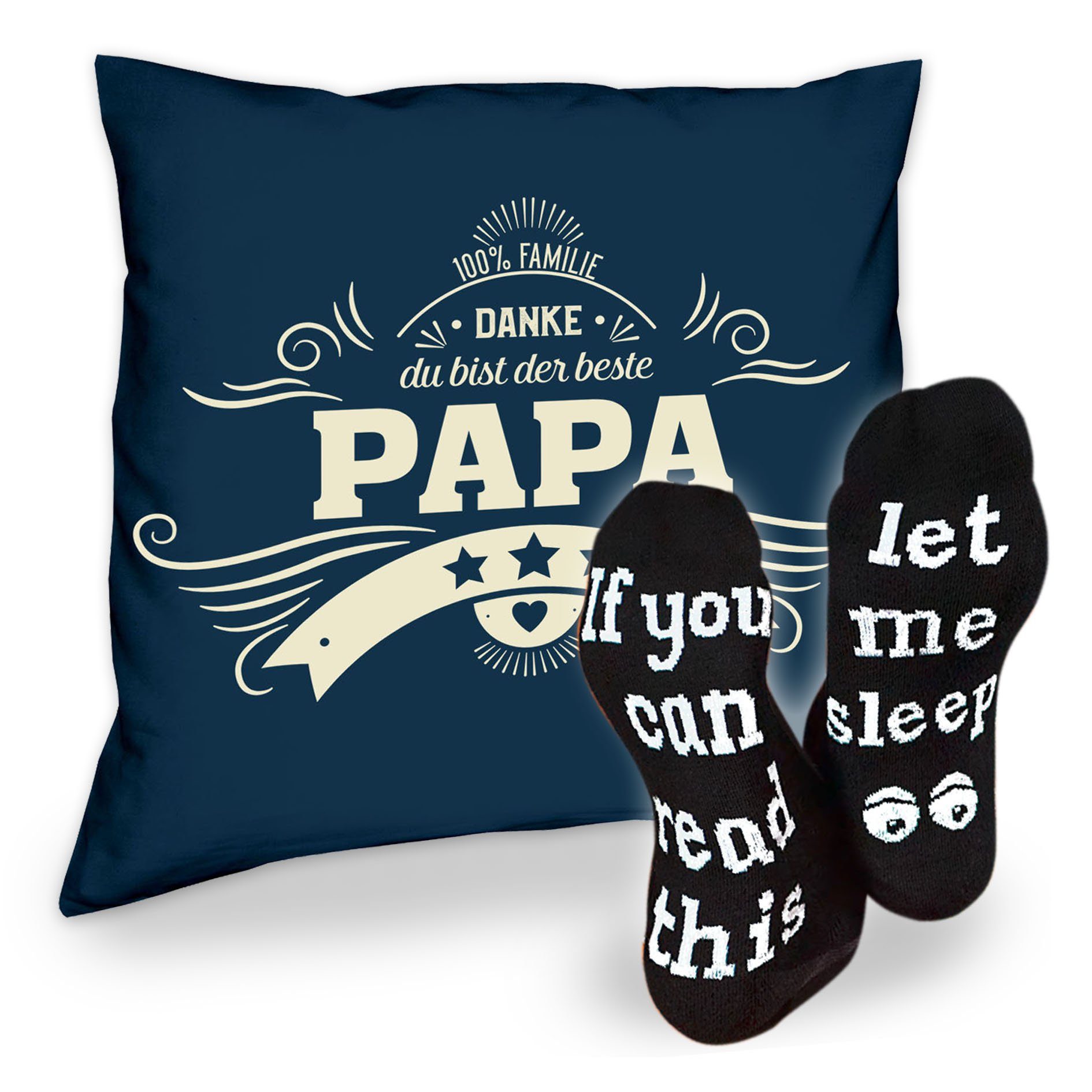 Geschenkidee Danke Sprüche Soreso® & navy-blau Socken Papa Sleep, Kissen Weihnachtsgeschenk Dekokissen