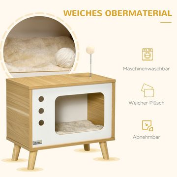 PawHut Tierhaus imTV-Design inkl. Spielzeug, waschbares Kissen, Eiche+Beige+Weiß, 50B x 28T x 43H cm