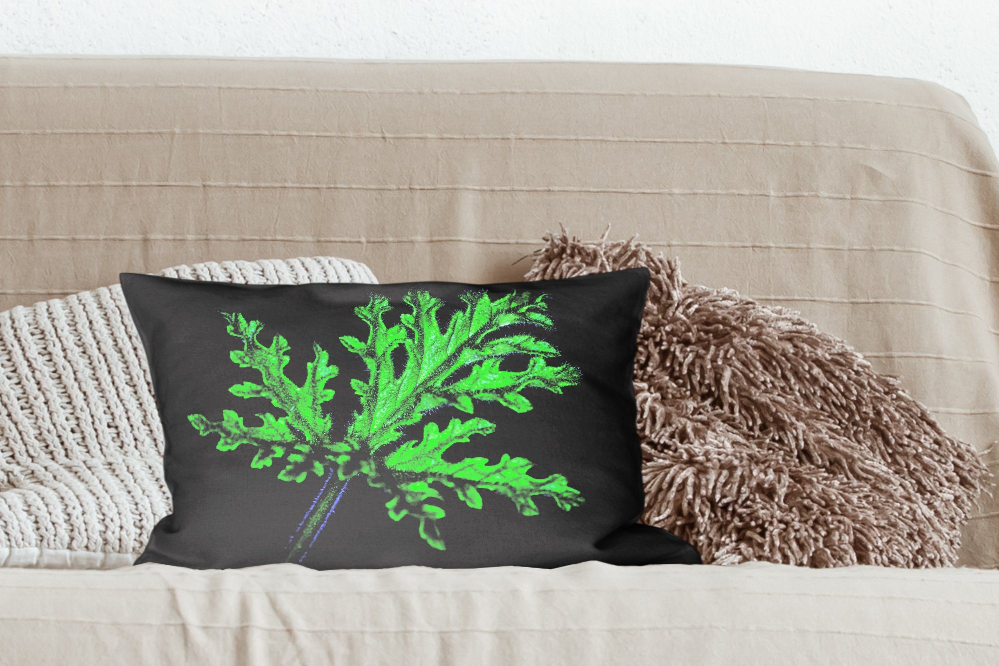 grüne Einzelne Füllung, Blätter schwarzem Wohzimmer mit Dekoration, Hintergrund, Dekokissen Zierkissen, MuchoWow Schlafzimmer Dekokissen auf