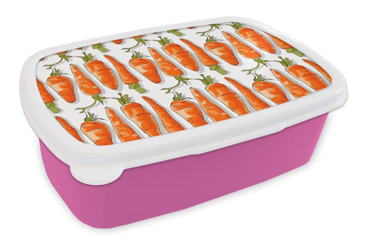 MuchoWow Lunchbox Karotte - Gemüse - Muster, Kunststoff, (2-tlg), Brotbox für Erwachsene, Brotdose Kinder, Snackbox, Mädchen, Kunststoff rosa
