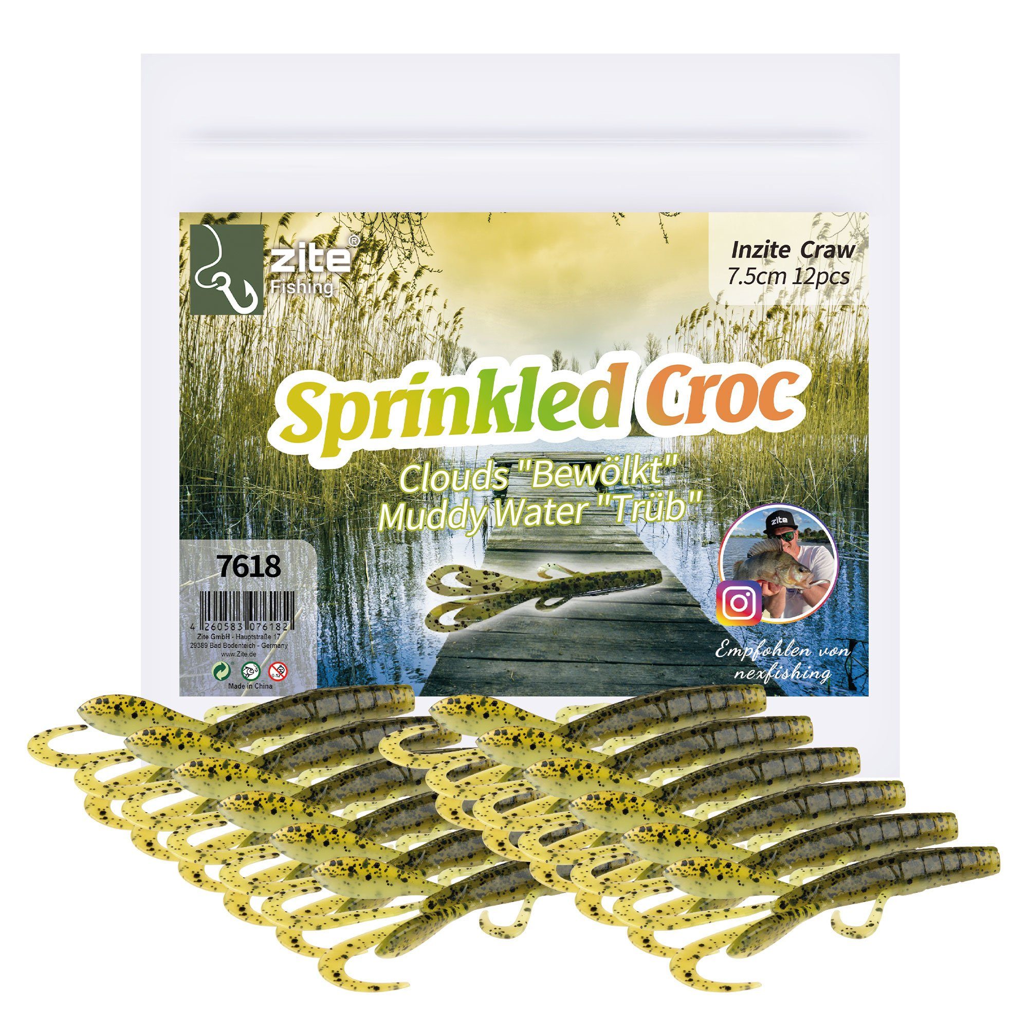 Kunstköder Creature Bait Gummiköder 12 Stk Inzite Craw 7,5cm Sprinkled Croc