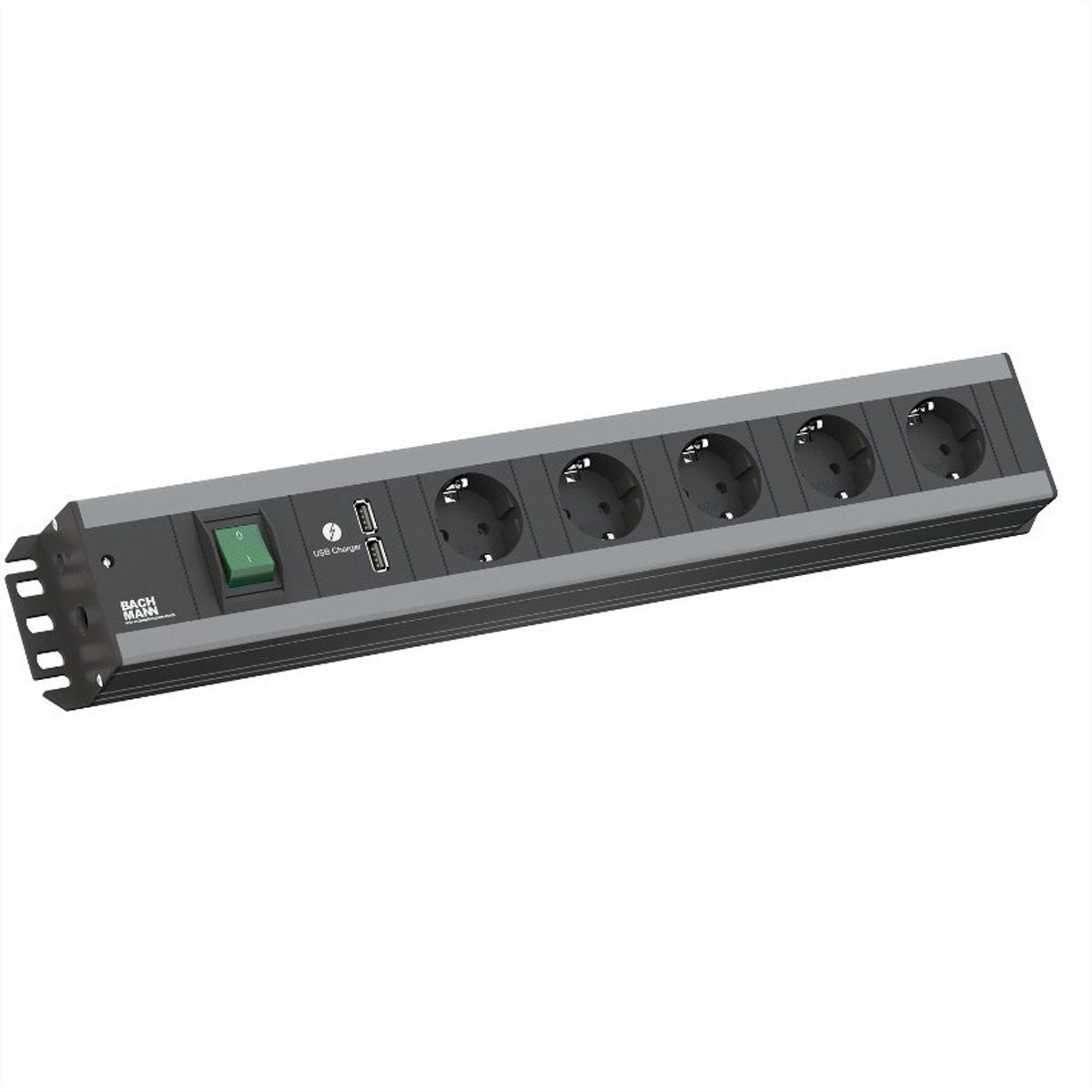 Bachmann Handwerkerleiste, 5x Schutzkontakt Steckdosenleiste (Kabellänge 2 m), Schalter, 2x USB-Charger, 19-Zoll-Rack kompatibel, 300.030