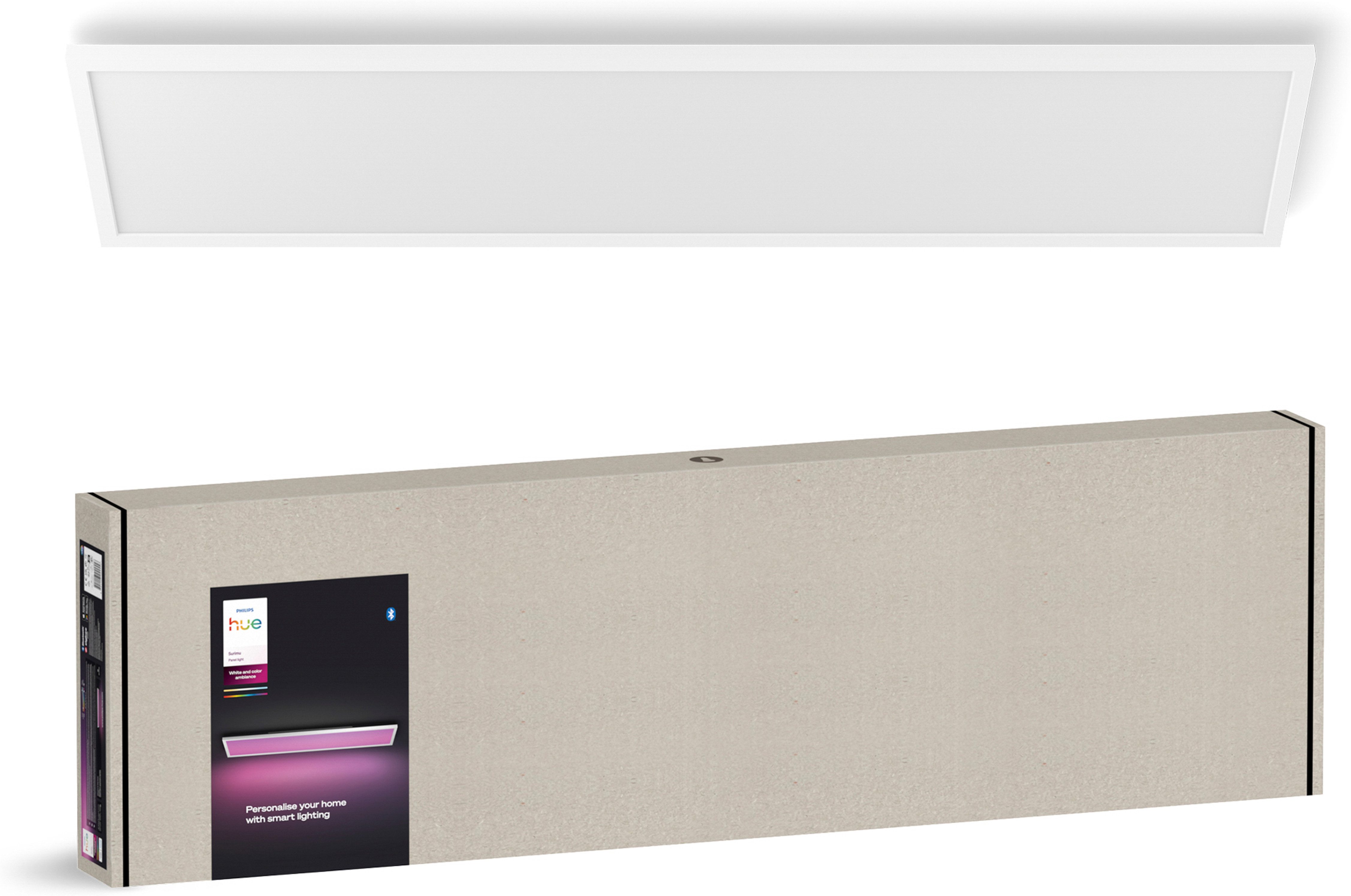 Philips Hue LED Panel White & Color Ambiance Surimu, 120x30cm, Abschaltautomatik, Bluetooth, CCT - über Fernbedienung, Dimmfunktion, Einschlafhilfe, Farbsteuerung, Farbwechsel, Memory, nach Trennung vom Netz, Nachtlichtfunktion, RGB, Smart Home, Timerfunktion, Weckerfunktion, dimmbar über Fernbedienung, mehrere Helligkeitsstufen, LED fest integriert, Farbwechsler, RGB, warmweiß - kaltweiß, Steuerbar per App und Stimme, Smart Home fähig, Farbfähig und Weißtöne