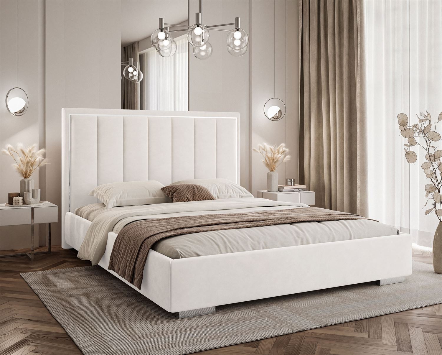 Lookway Polsterbett AURELIA SILVER mit Bettkasten, Metallrahmen und 123 cm hohem Kopfteil (Bett mit Metallgestell), Bett in 4 Größen und 5 Farben