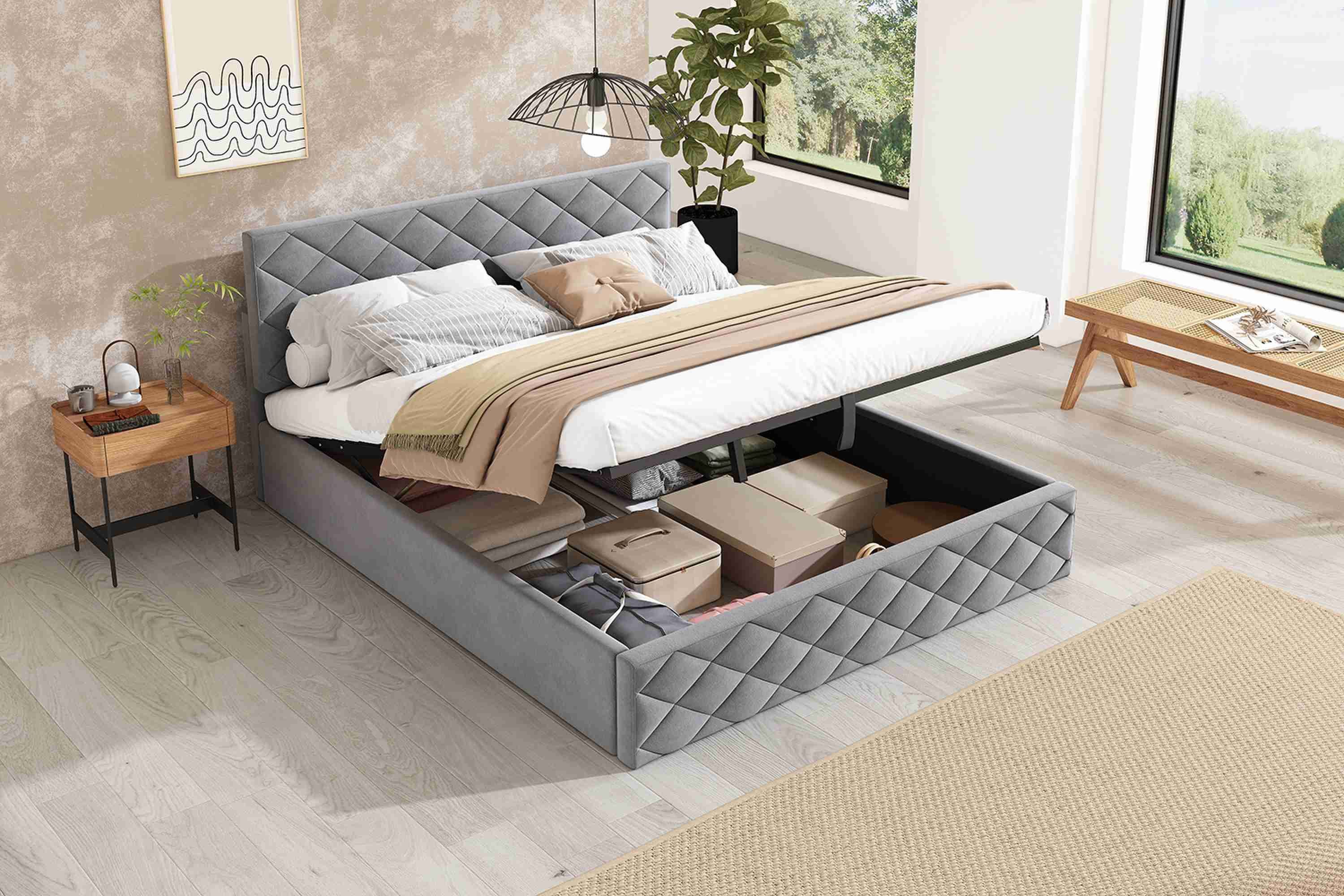 BlingBin Polsterbett Hydraulisches Funktionsbett Stauraumbett (ein, 1-tlg., bett), Mit Stauraum unter dem Bett 140 x 200cm Grau Samt ohne Matratze