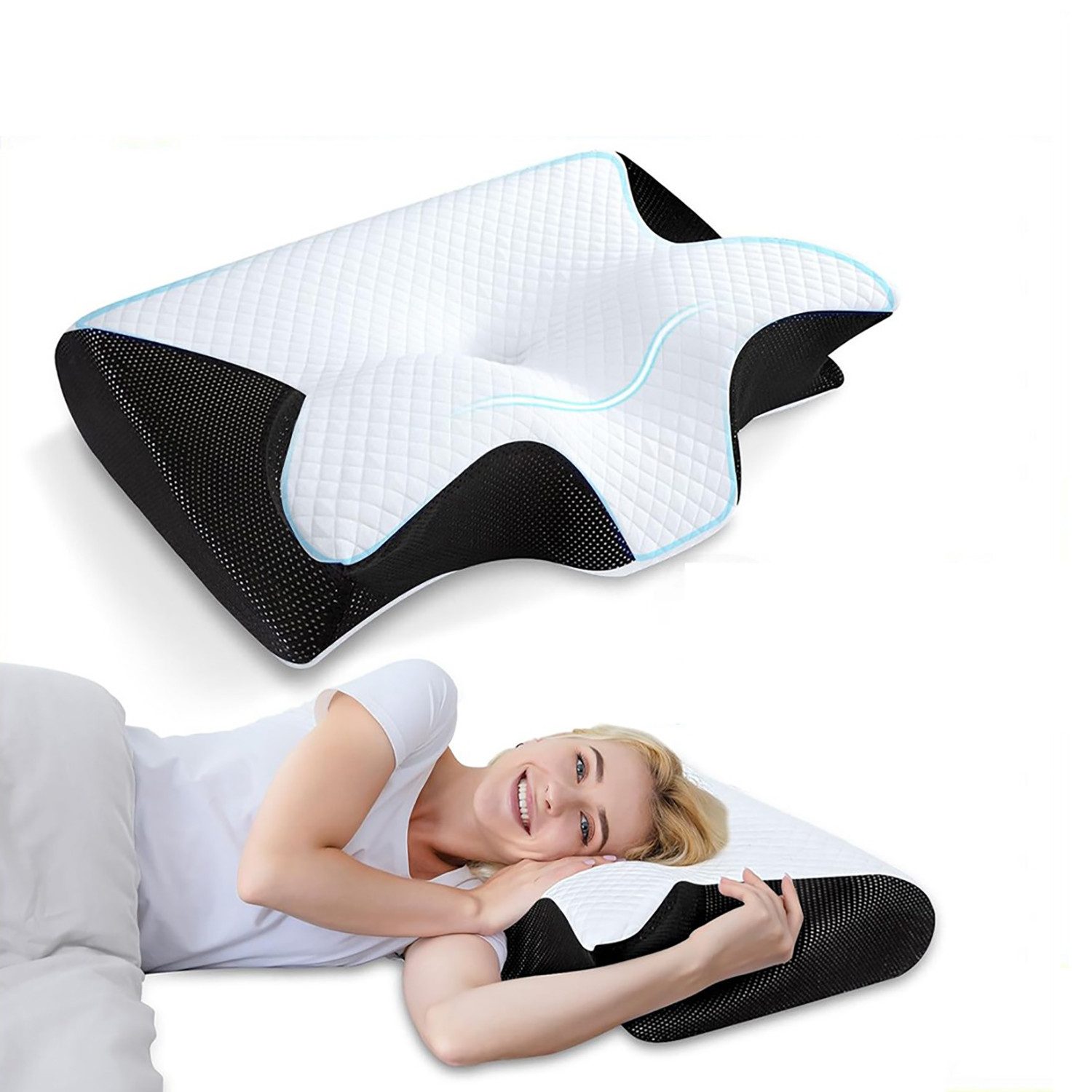 ibettertec Nackenstützkissen Orthopädisches Kissen Kopfkissen Nackenschmerzen aus Memory Foam, Füllung: Memory- & Polyetherschaum, Rückenschläfer, Seitenschläfer, Bauchschläfer, ergonomisches Kissen mit individueller Höhenanpassung
