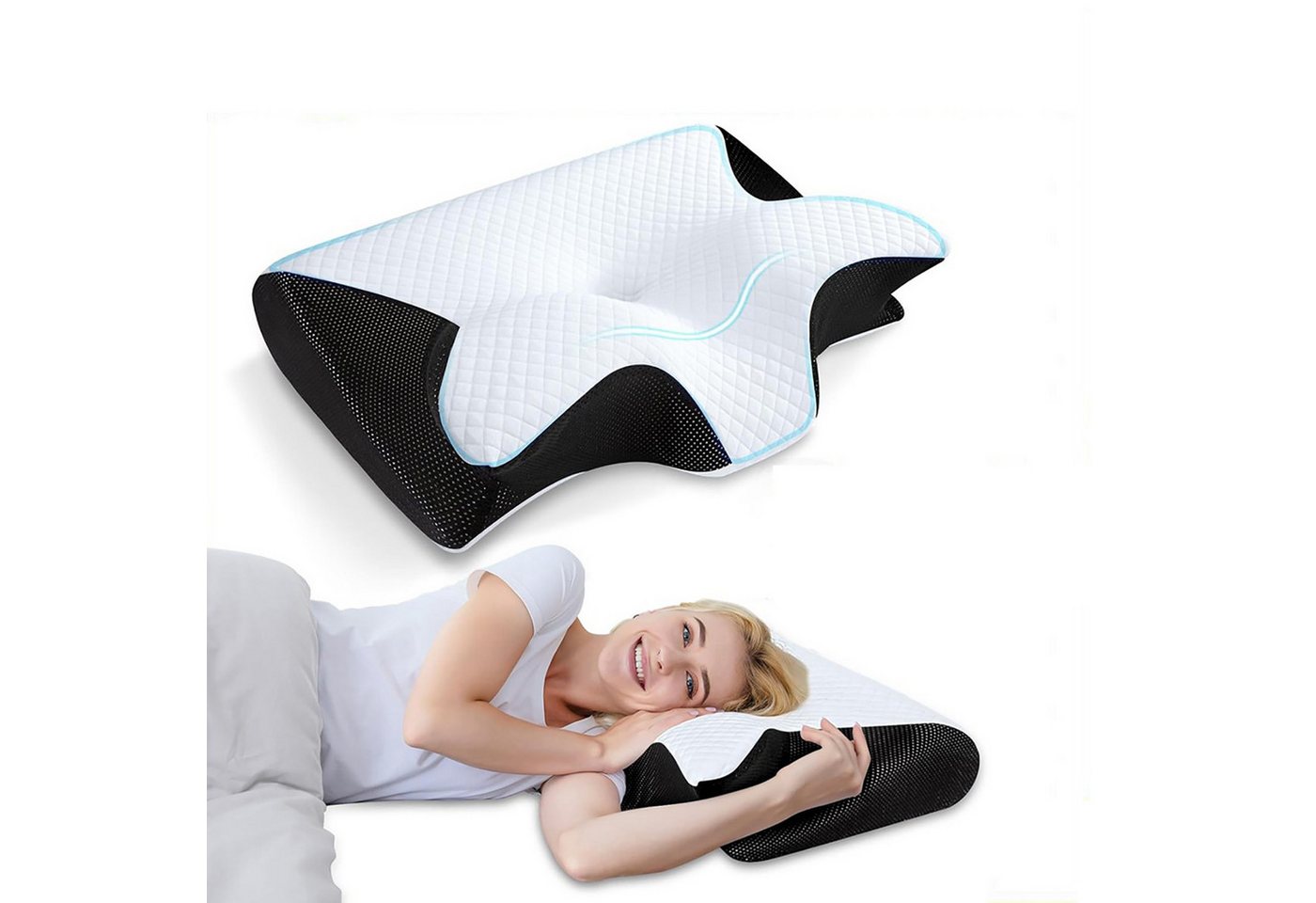 ibettertec Nackenstützkissen Orthopädisches Kissen Kopfkissen Nackenschmerzen aus Memory Foam, Füllung: Memory- & Polyetherschaum, Rückenschläfer, Seitenschläfer, Bauchschläfer, ergonomisches Kissen mit individueller Höhenanpassung