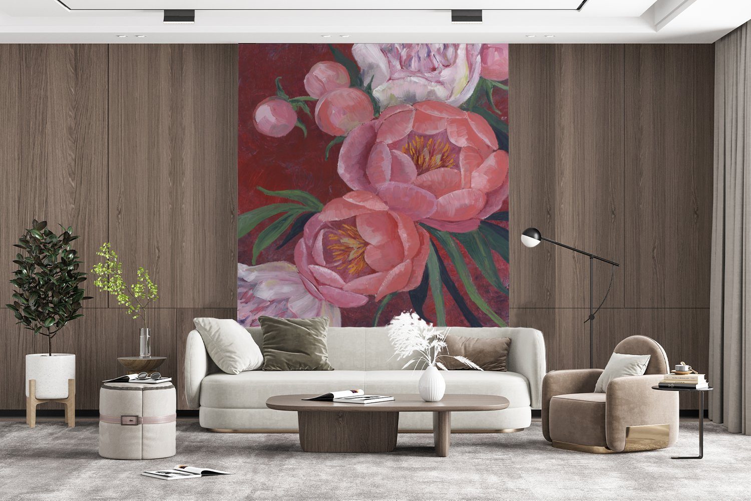 (4 Tapete MuchoWow Wohnzimmer, für Matt, - Fototapete Pflanzen, Malerei St), - Rosa Blumen bedruckt, Vinyl Montagefertig Wandtapete -