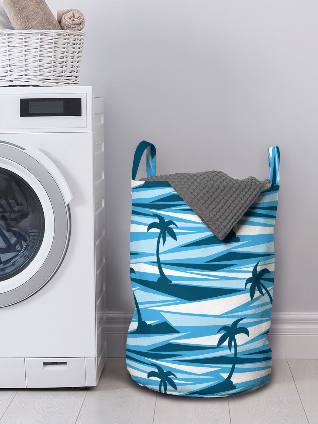 Kordelzugverschluss und Griffen für Wäschesäckchen Blau Wäschekorb mit Abakuhaus Meer Insel Palm Monochrom Waschsalons,