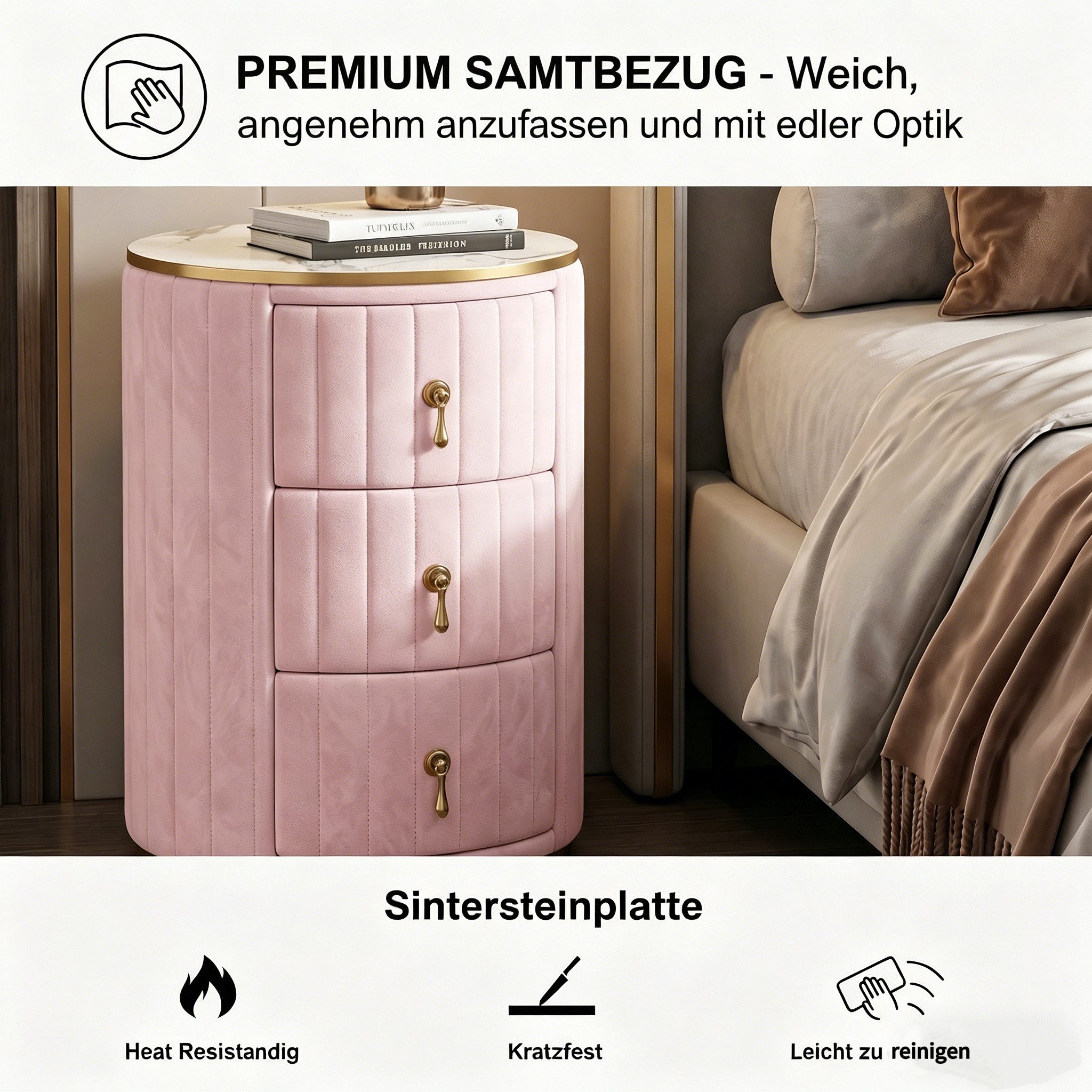 i@home Nachttisch rund 3 Schubladen (Samt gepolstert, Goldgriffe, 1-St., Platte in Marmoroptik), Betttisch mit Stauraum für Schlafzimmer,Breite: 40 cm – Bild 5 von 5