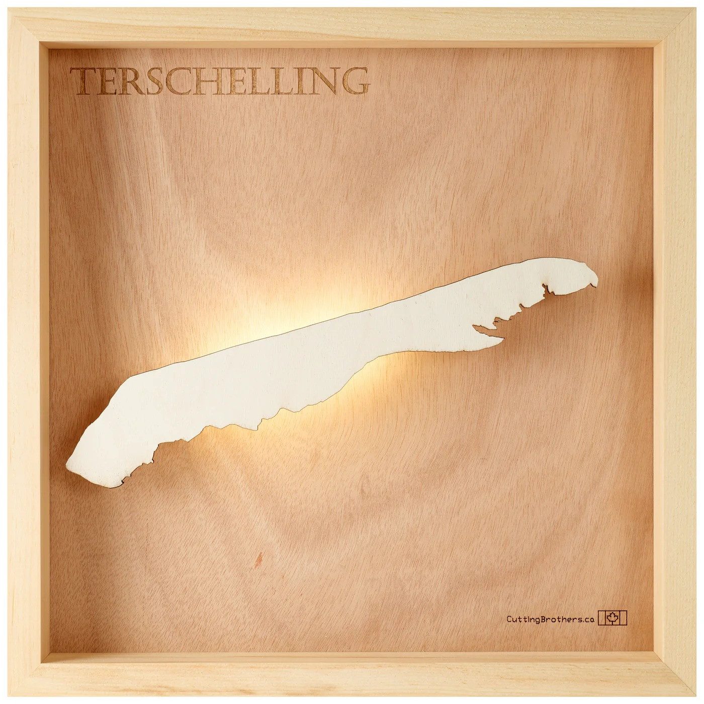 Cutting Brothers LED-Bild Terschelling 35x35 cm, LED-Holz-Wandkarte, mit indirekter Beleuchtung, handgefertigt aus Echtholz