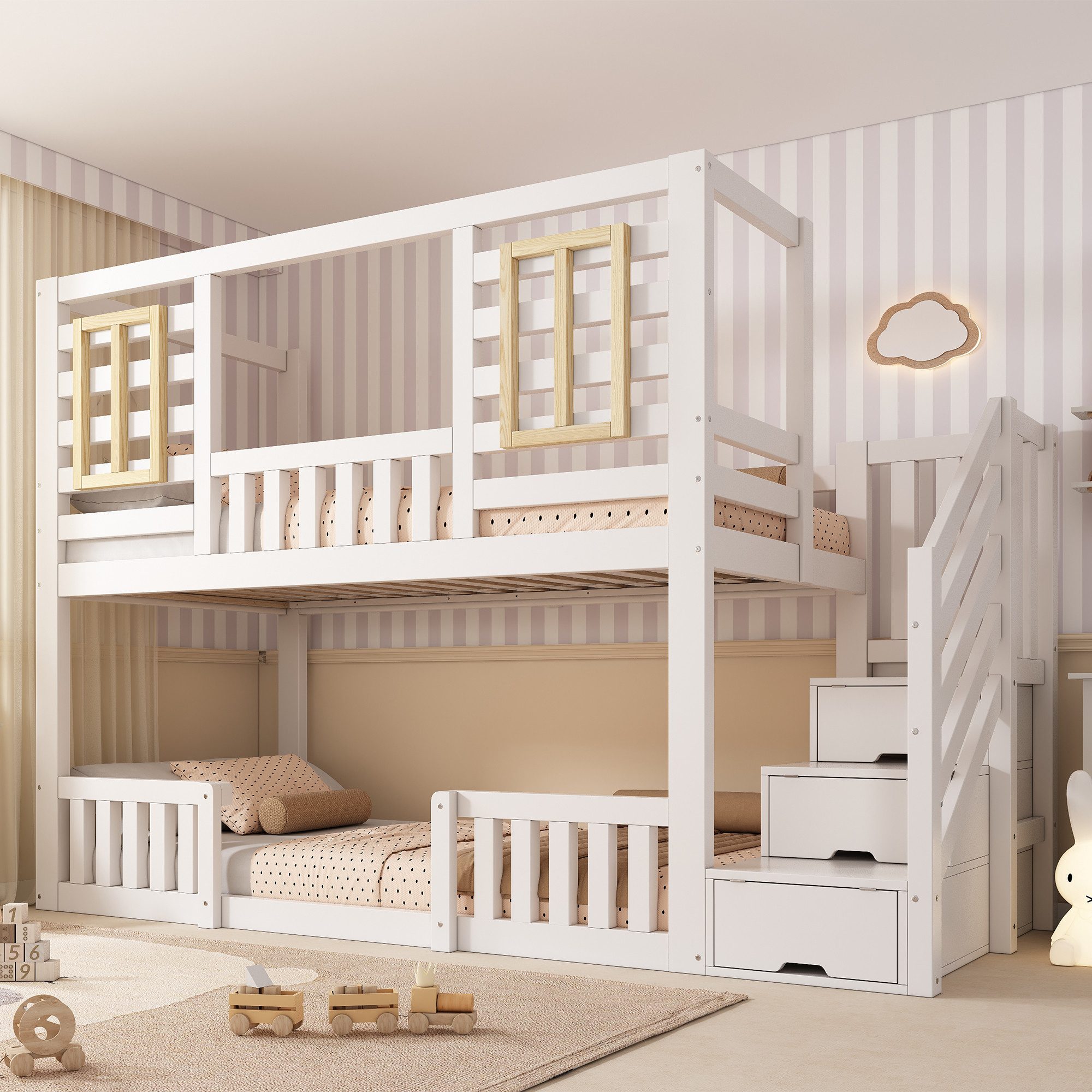 REDOM Hochbett Inklusive Lattenroste, mit Holzfenstern (Packung, 1-St., Etagenbett 90x200 cm, Weiß, 2 Liegeflächen) Praktischer Treppenschrank für Stauraum(ohne Matratze)