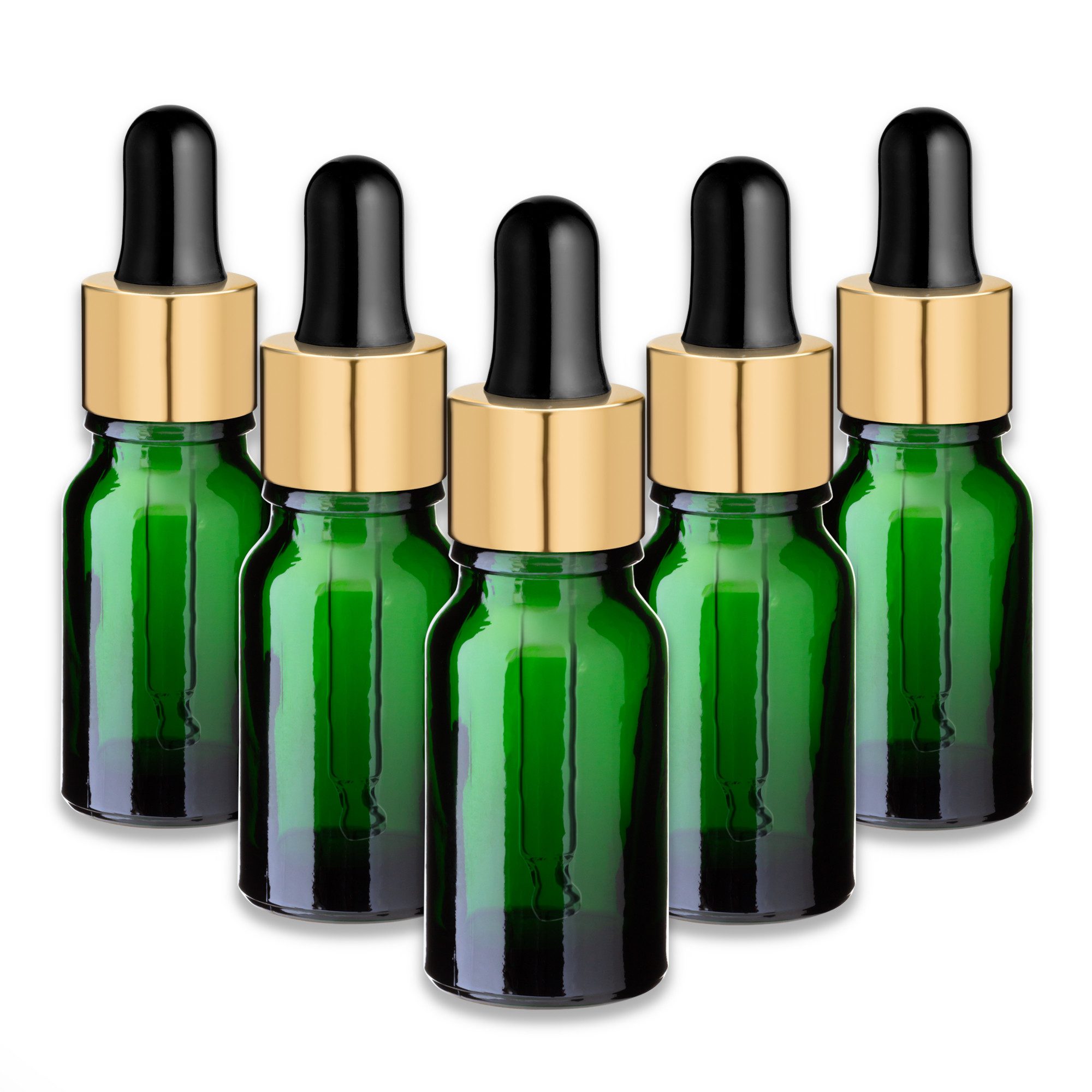 CK Verpackung GmbH Pipettenflasche 5x Grüne Glasflasche 10 ml mit goldener Aluminiumpipette – Fläschchen (Set x5)