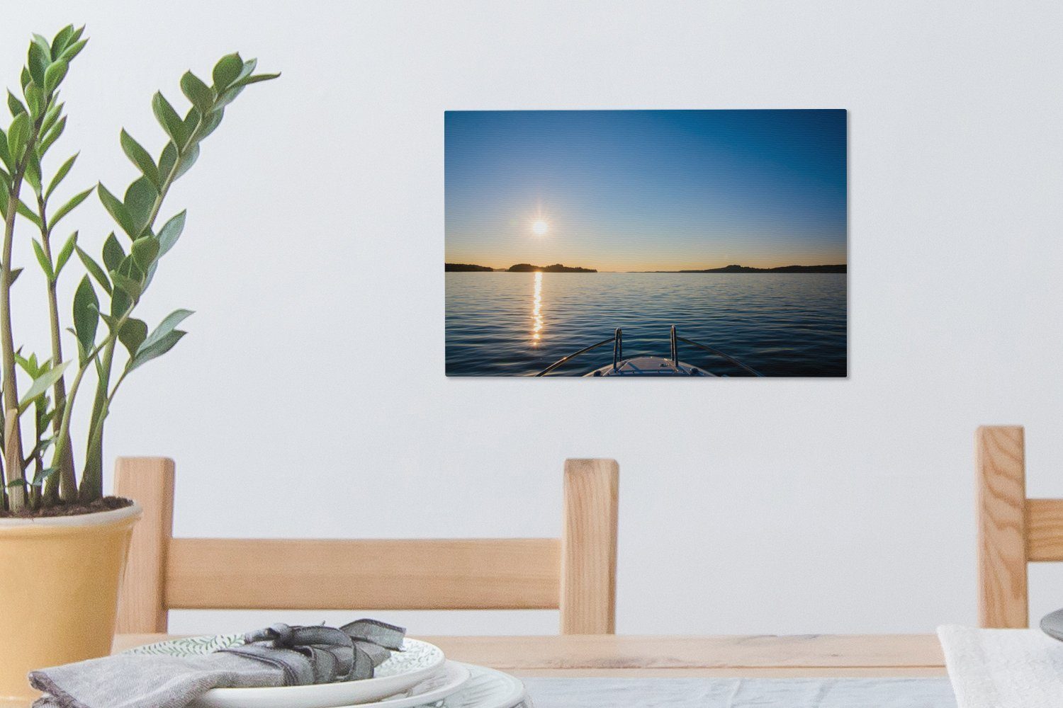 Leinwandbilder, OneMillionCanvasses® aus, Motorboot Leinwandbild cm (1 einem St), Ein von Sonnenuntergang Wanddeko, Aufhängefertig, Wandbild 30x20