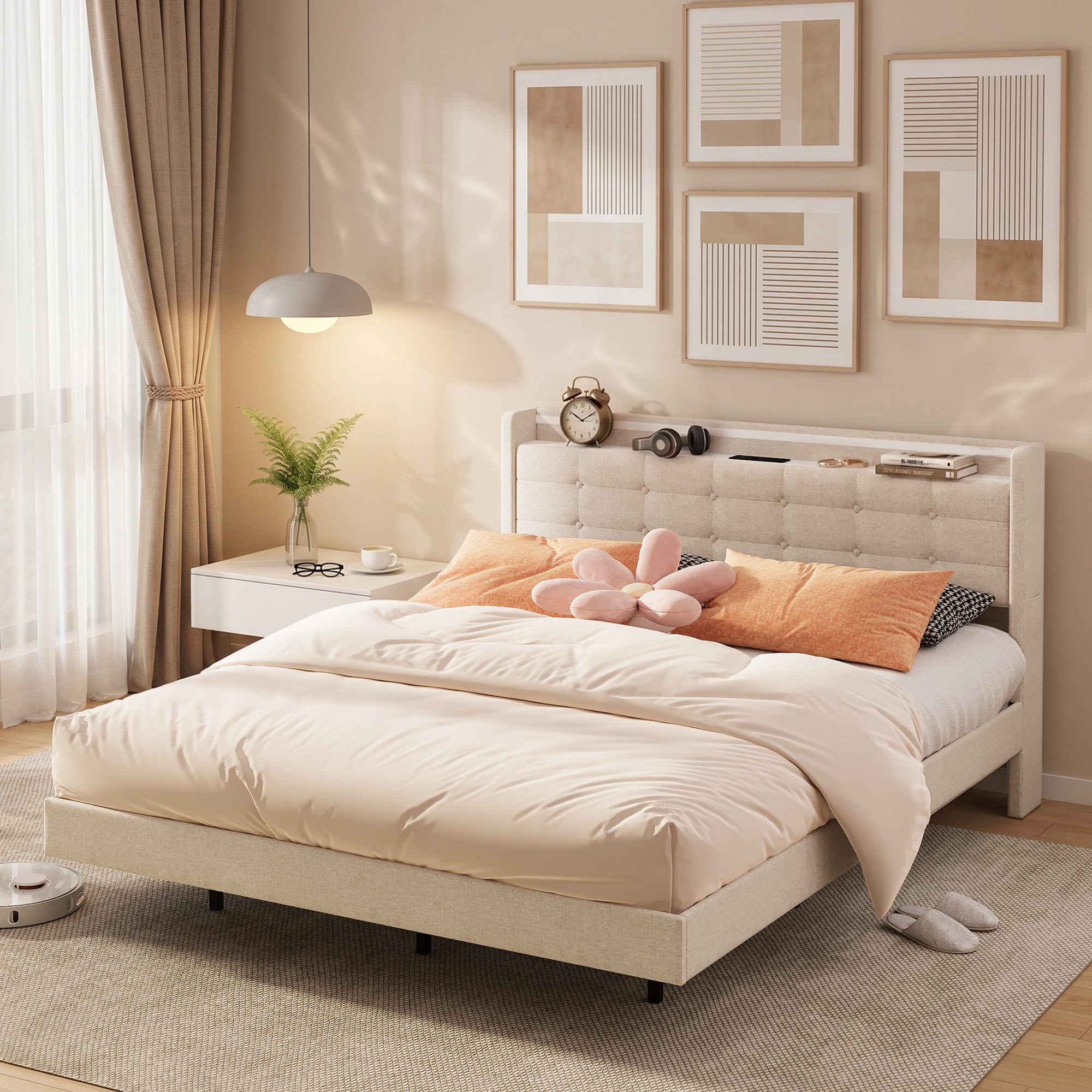 Bealife Polsterbett Einzel- & Doppelbett, Bettgestell mit beleuchtetem Kopfteil & Stauraum (2 Modelle (140x200, 160x200)