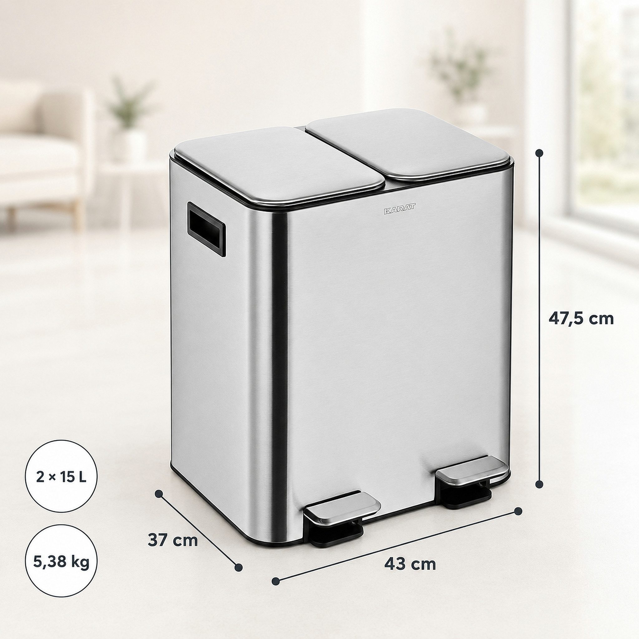 Floordirekt Mülleimer Logan 2 x 15 L Treteimer Soft Close Mülltrennung, Zwei entnehmbare Innenbehälter – Bild 2 von 5