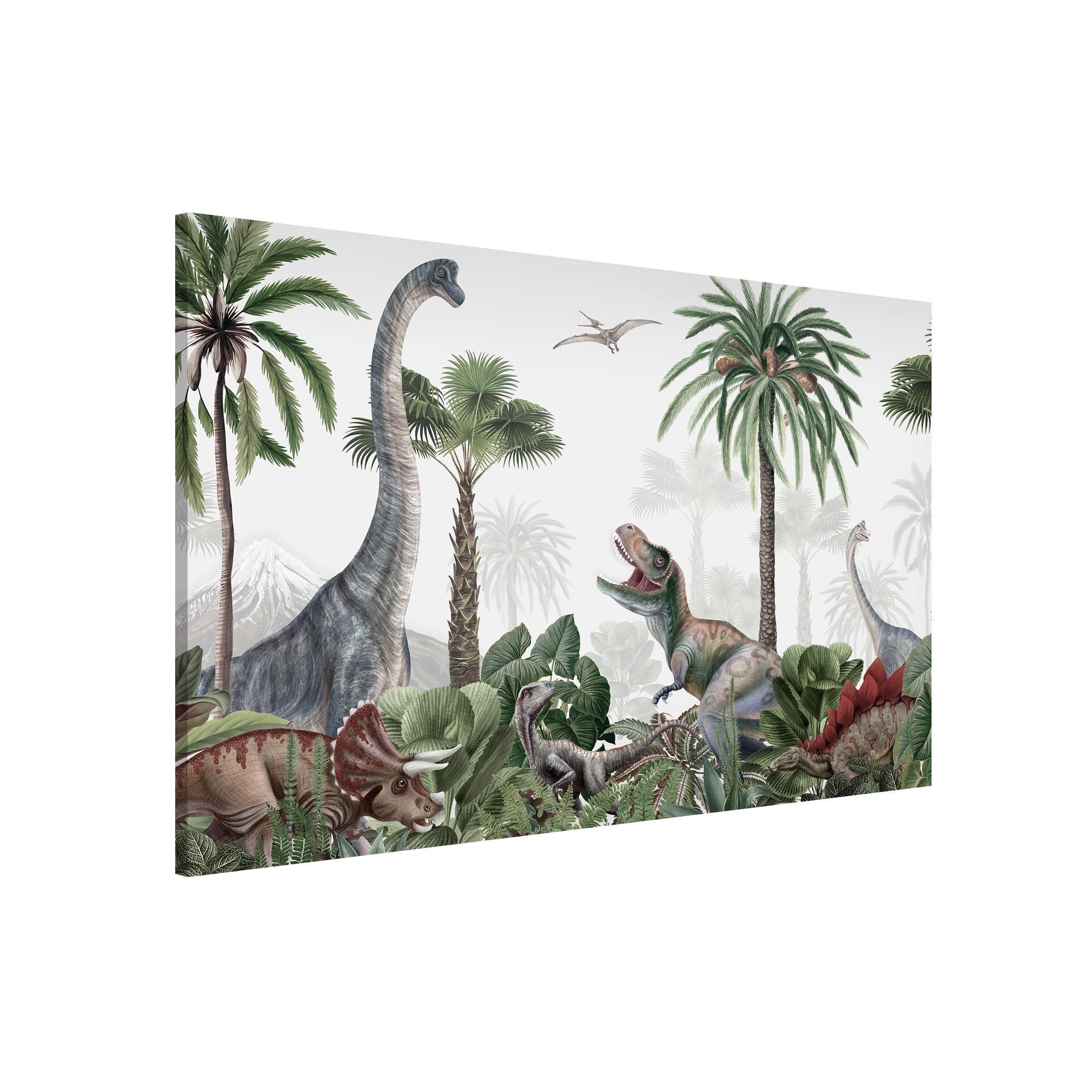 Bilderdepot24 Magnettafel Kinder grün Dinosauriergiganten im Dschungel, (1-tlg., Magnetboard Pinnwand für die Wand - metallische Tafel für Magnete), Magnetwand groß mit Motiv Kinderzimmer Memoboard magnetisch Querformat
