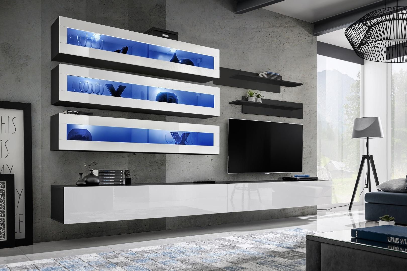 JVmoebel Wohnwand Exklusives Designermöbel Set in Schwarz aus hochwertigem Holz, (8-St., 1x Wohnwand + 2x TV Ständer + 3x Wandschrank + 2x Wandregal), Made in Europa