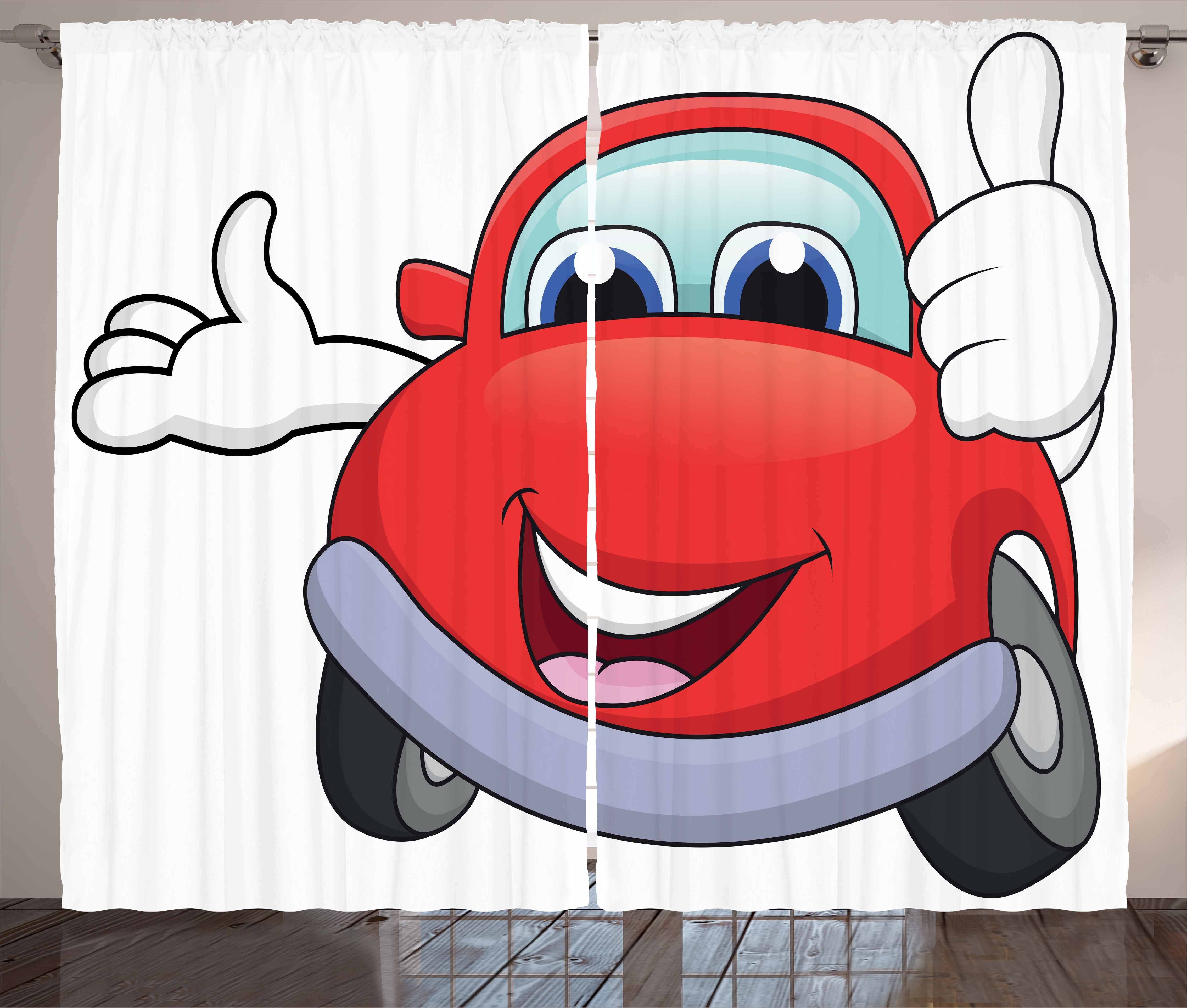 Gardine Schlafzimmer Kräuselband Vorhang und Autos Haken, Glücklich Cartoon-Rot-Fahrzeug mit Abakuhaus, Schlaufen