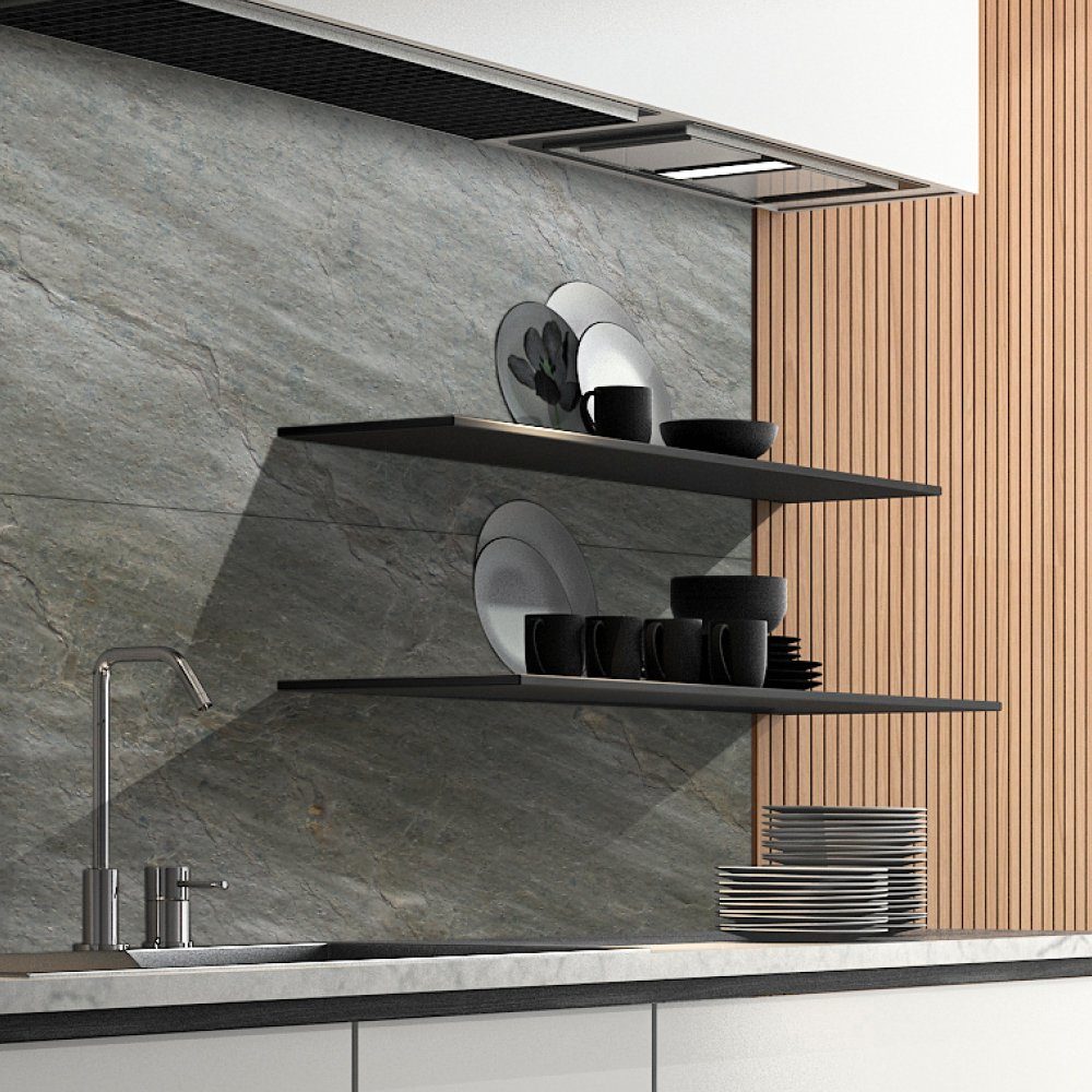 DRUCK-EXPERT Küchenrückwand Naturstein aus 100 % Echtstein - jede Platte ein Unikat Glimmerschiefer Perlgrau