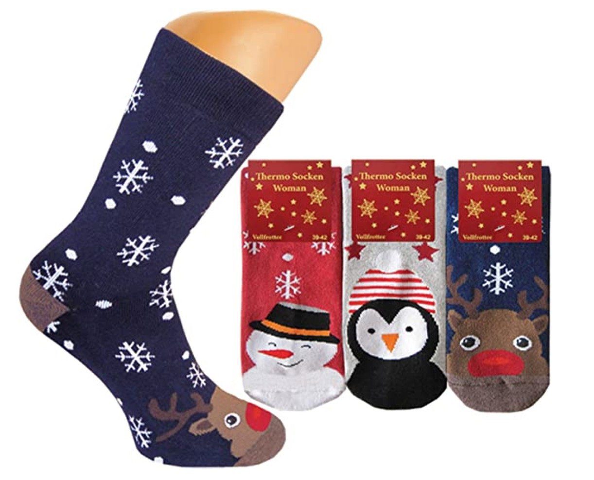Cocain underwear Thermosocken kuschelige Vollfrottee Socken weihnachtliche lustige Motive Blau (3-Paar)