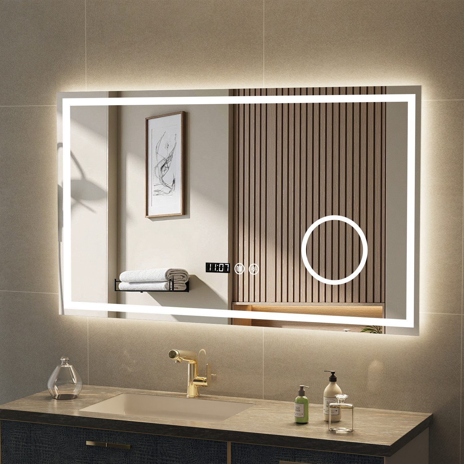 oyajia Badspiegel Bad Spiegel mit Beleuchtung LED Wandspiegel 3-fach Vergrößerung Touch, Antibeschlag Kosmetikspiegel Beschlagfrei, Uhr, 3 Lichtfarben Dimmbare