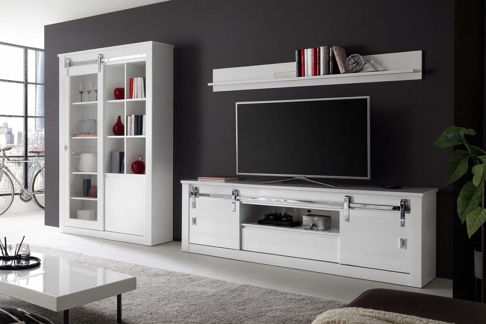 Furn.Design Wohnwand Miami, (Wohnzimmer Kombination in Weiß Hochglanz mit Chrom, 3-teilig, 349 x 201 cm), mit Schiebetüren und Soft-Close
