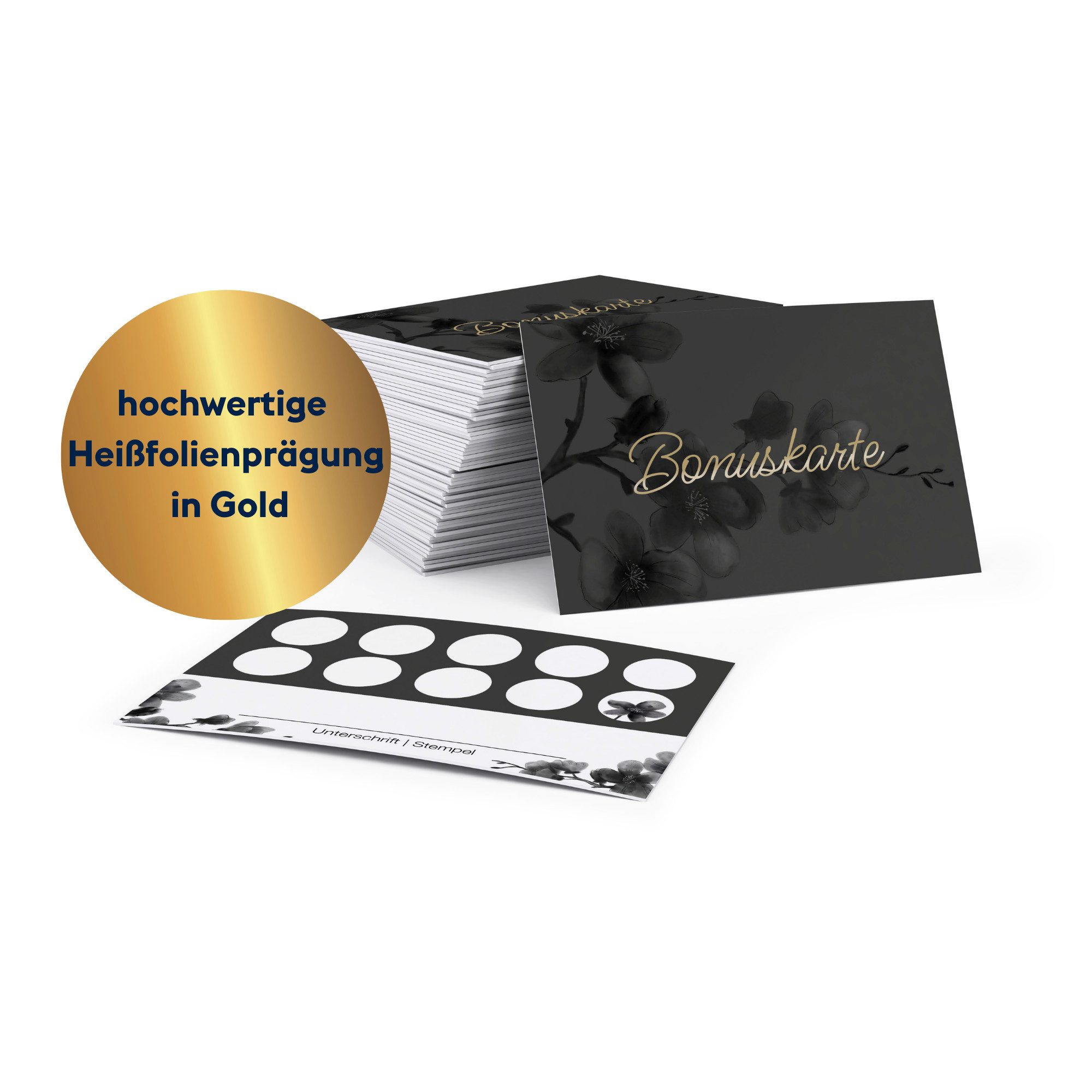 FLYERALARM Visitenkarten Bonuskarten zum Ausfüllen - Schwarz Gold - Prägung, Stempelkarte, Kundenbindung, Personalisierbar