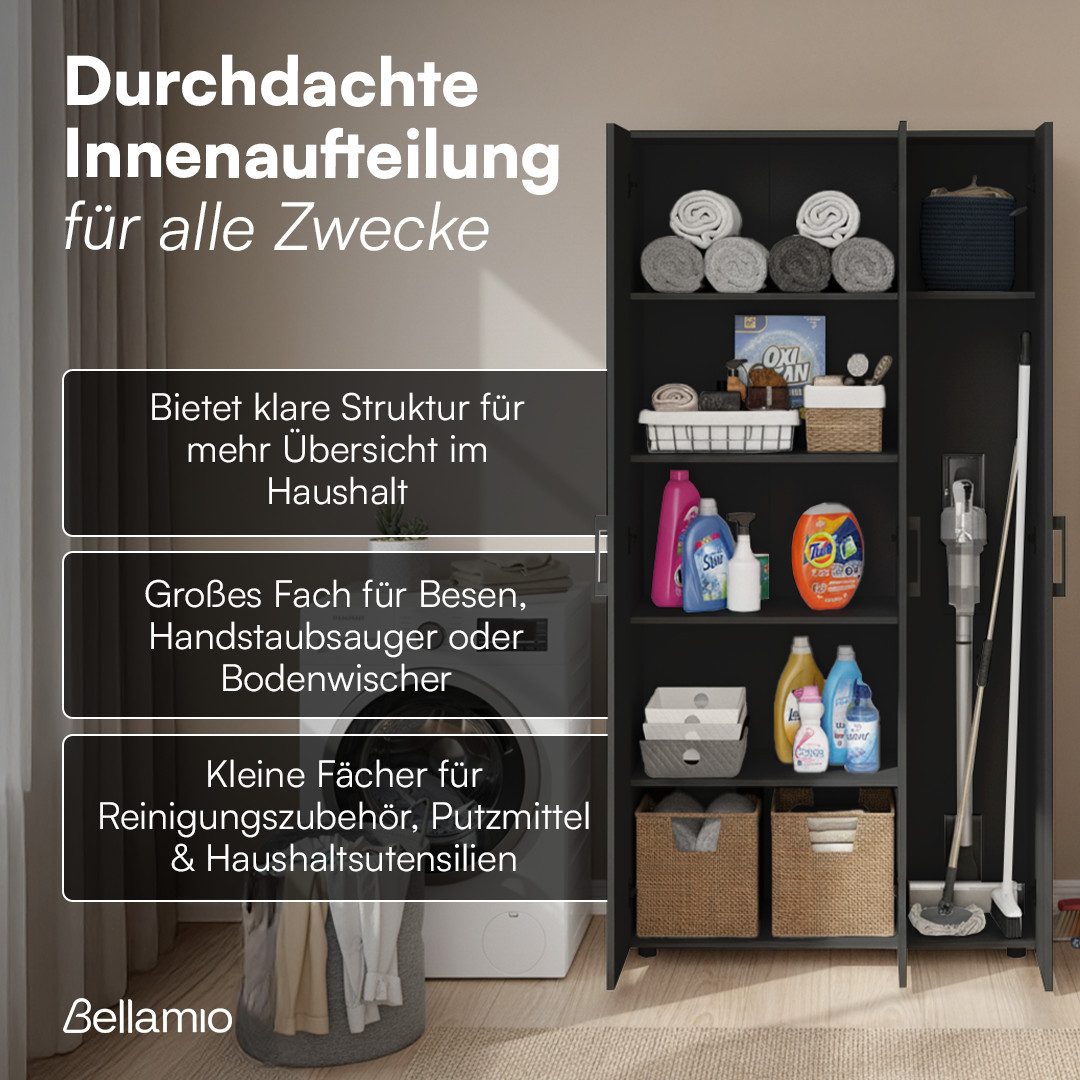 Bellamio Mehrzweckschrank Apol, Hochschrank aus Holz, Aufbewahrungsschrank (Schwarz) Akten- und Besenschrank mit 7 Fächern, inkl. Staubsaugerfach – Bild 3 von 5