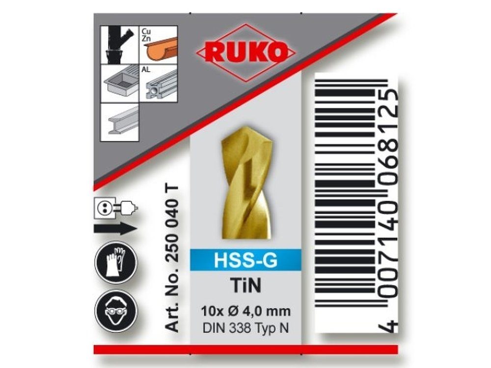 Ruko Spiralbohrer 10er Pack RUKO 250040T Spiralbohrer DIN 338 4.0 mm HSS-TiN
