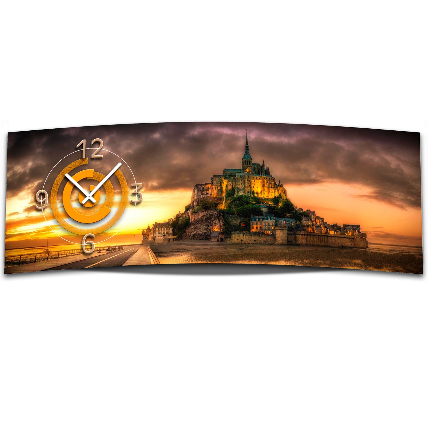 dixtime Wanduhr Wanduhr XXL 3D Optik Dixtime Sonnenuntergang Schloss 30x90 cm leises (Einzigartige 3D-Optik aus 4mm Alu-Dibond) | Wanduhren