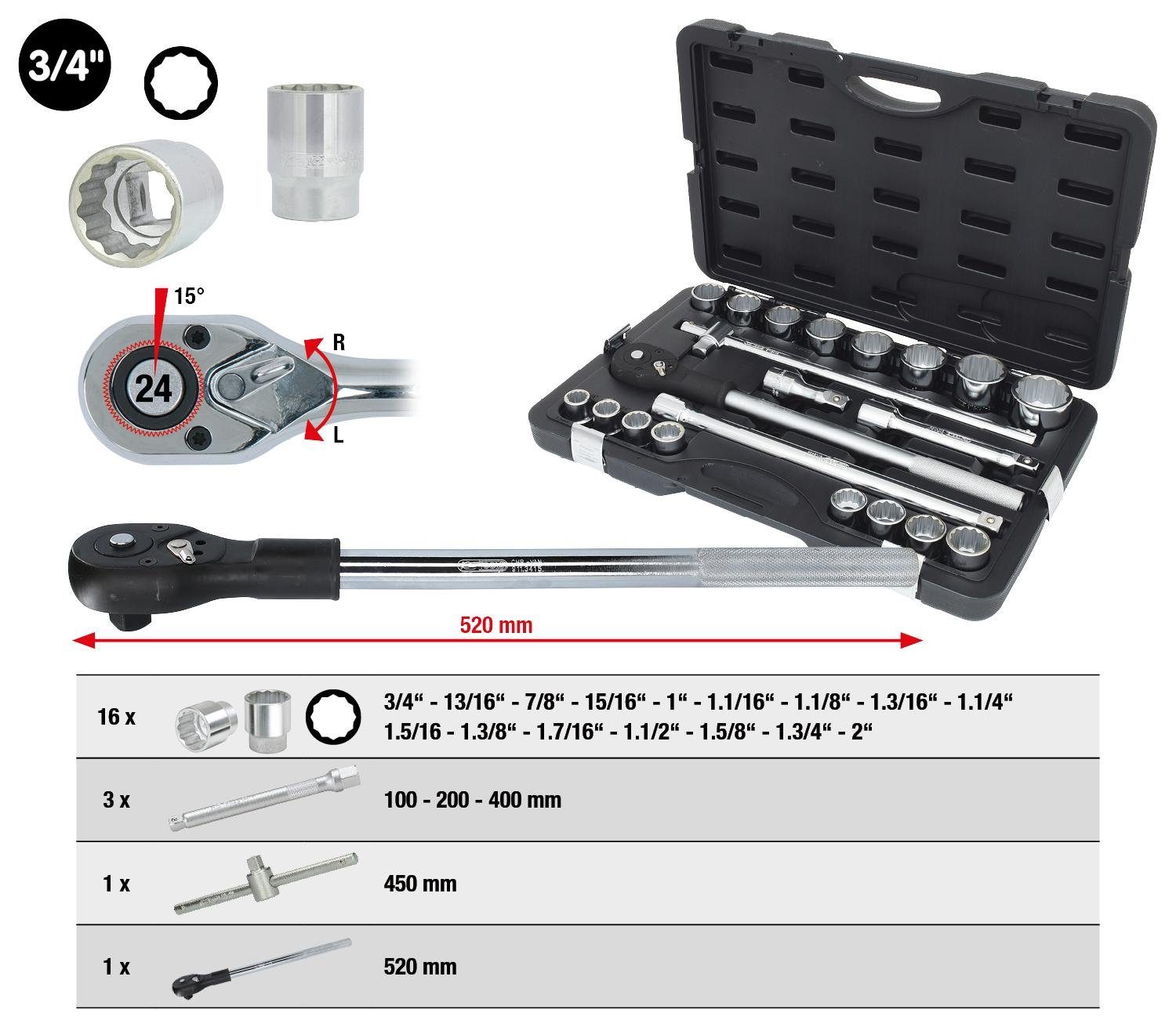 Thumbnail - KS Tools Steckschlüssel 3/4" Steckschlüssel-Satz, 21-tlg 12-kant