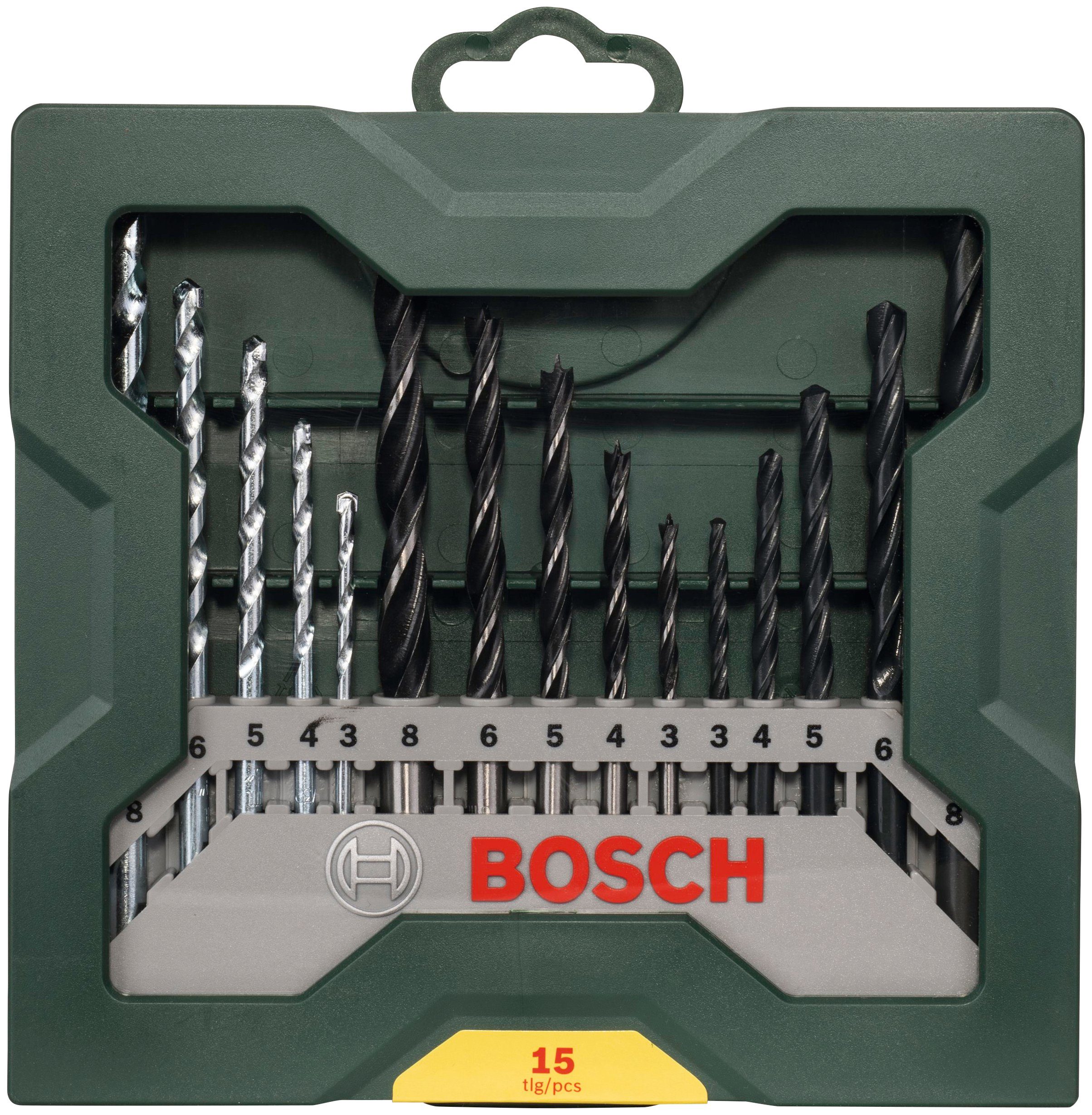 Bosch Home & Garden Spiralbohrer 15-teiliges Mini-X-Line Mixed-Set, (15-tlg), 5 Steinbohrer, 5 Metallbohrer, 5 Holzbohrer