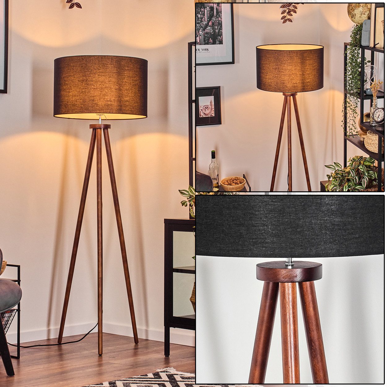 hofstein Stehlampe Stehlampe aus Holz/Stoff in Dunkelbraun/Schwarz/Weiß, oh günstig online kaufen
