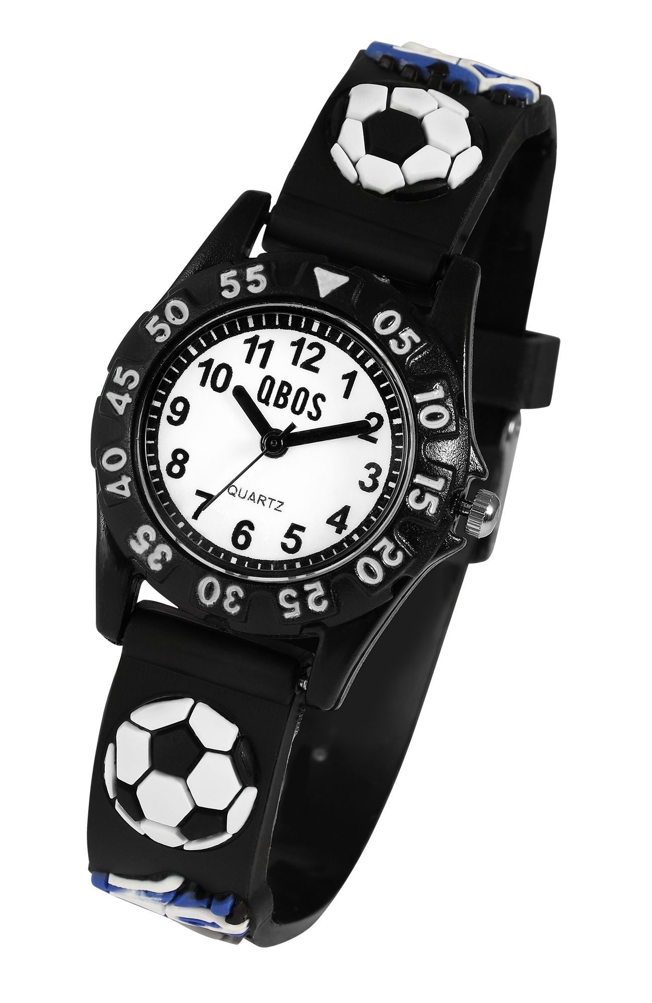 Qbos Quarzuhr mit Silikonband, Motiv Fußball, Ø 28 mm