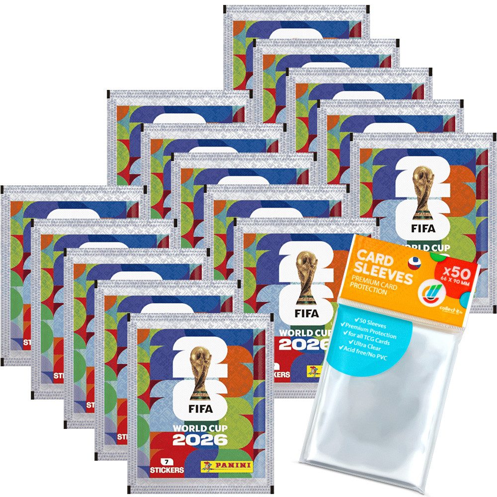 Panini Sammelkarte Bundle mit WM 2026 Sticker - 15 Tüten + exklusive collect-it Hüllen