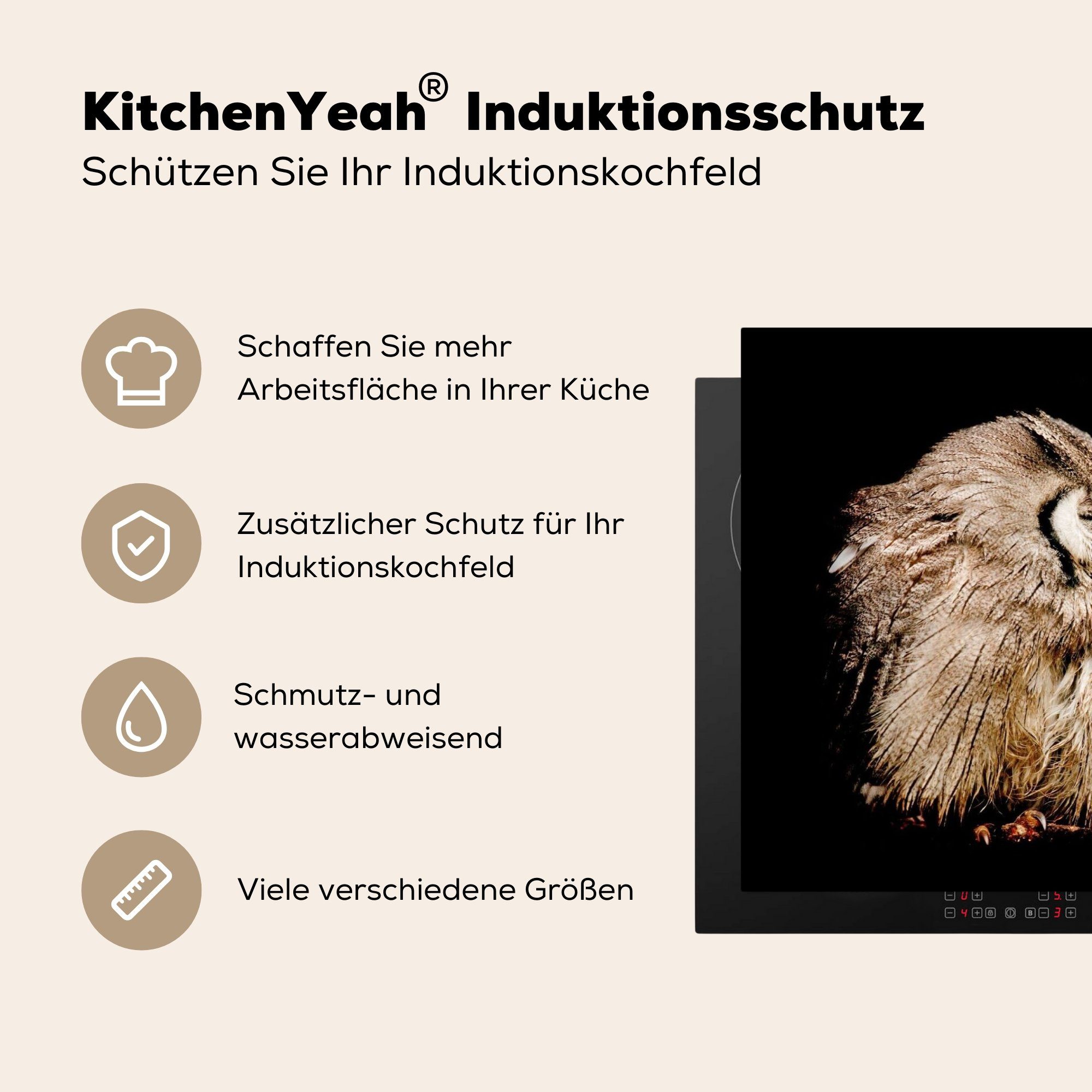 Schwarz, 81x52 - Eule Schutz küche, - für Induktionskochfeld cm, die (1 Vinyl, Herdblende-/Abdeckplatte Vogel tlg), MuchoWow Ceranfeldabdeckung