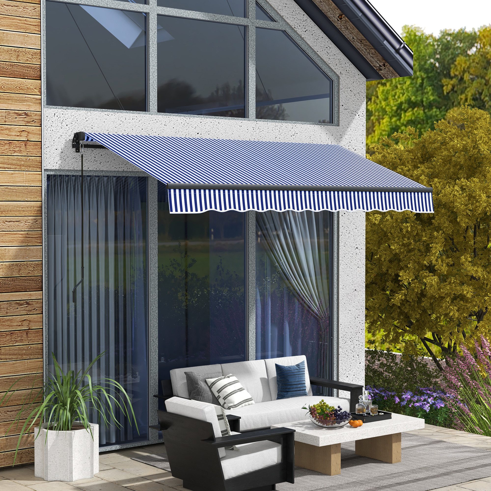 Outsunny Markise Sonnenmarkise Terrassenmarkise Handkurbel UV30+ Winkel 45-85° (Balkonmarkisen, 1-St., Gelenkarmmarkise) mit Wasserdicht Beschichtung, Wandmontage, Blau+Weiß