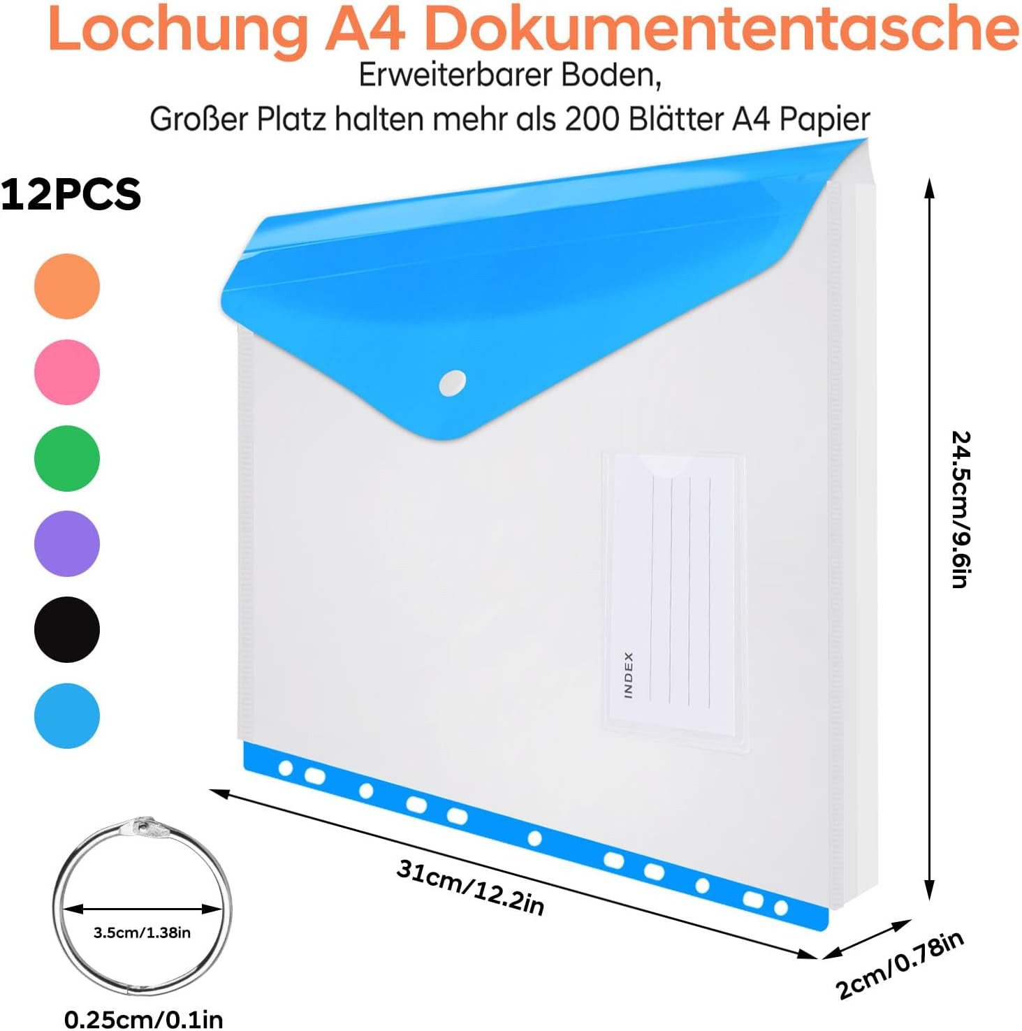 FELIXLEO Fächermappe 12x Dokumententasche A4 Abheftbar 11 Loch Druckknopf Kunststoff Mappe