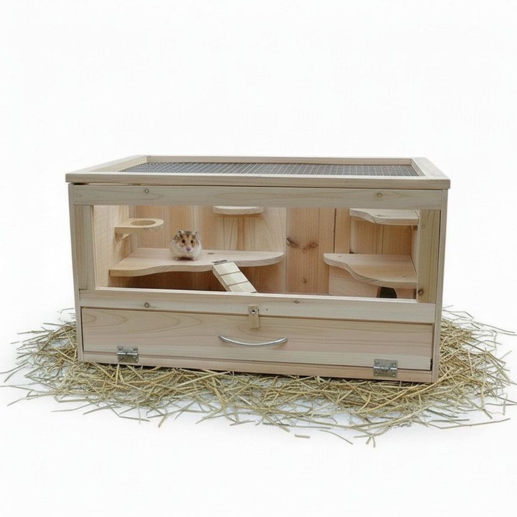Mucola Kleintierkäfig Nagerkäfig mit 2 Ebenen für Hamster & Kaninchen Gitterkäfig Naturholz, Plexiglas-Front, 2 Ebenen und integriertes Häuschen