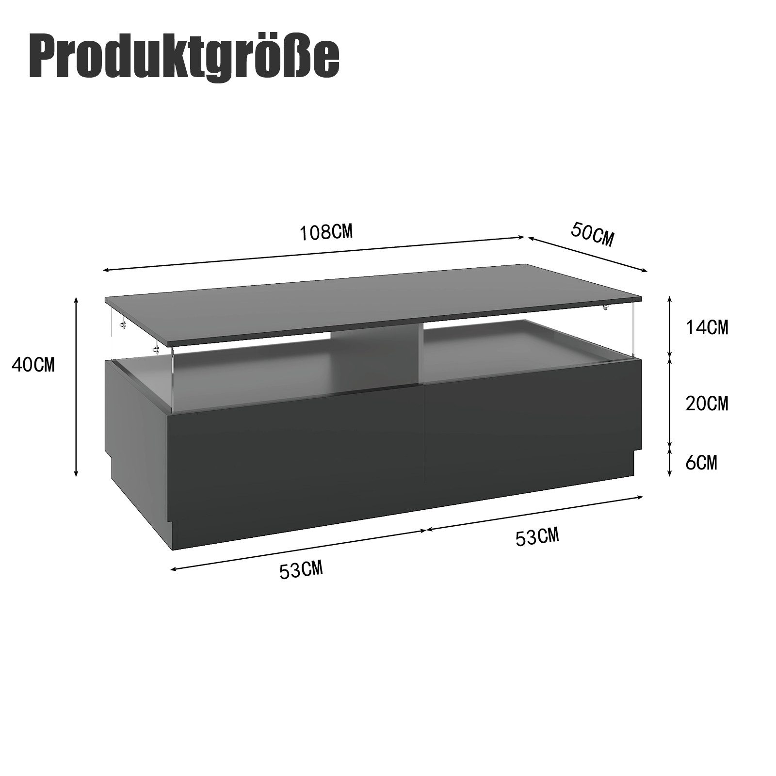 radelldar Couchtisch mit LED-Beleuchtung und 2 Acryltüren-Schubladen (1-St), Wohnzimmertisch Beistelltisch 108 x 50 x 40 cm – Bild 2 von 5