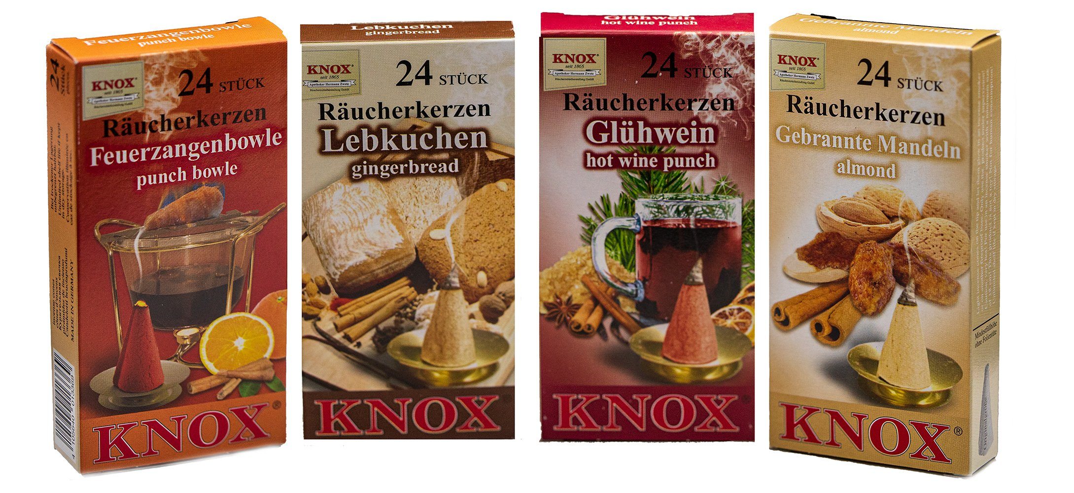 KNOX Duftkerze 4er Set Gebr. Mandel / Feuerzangenbowle / Glühwein /  Lebkuchen, Räucherkerzen Größe M - Inhalt jeweils 24 Stück - Made in Germany