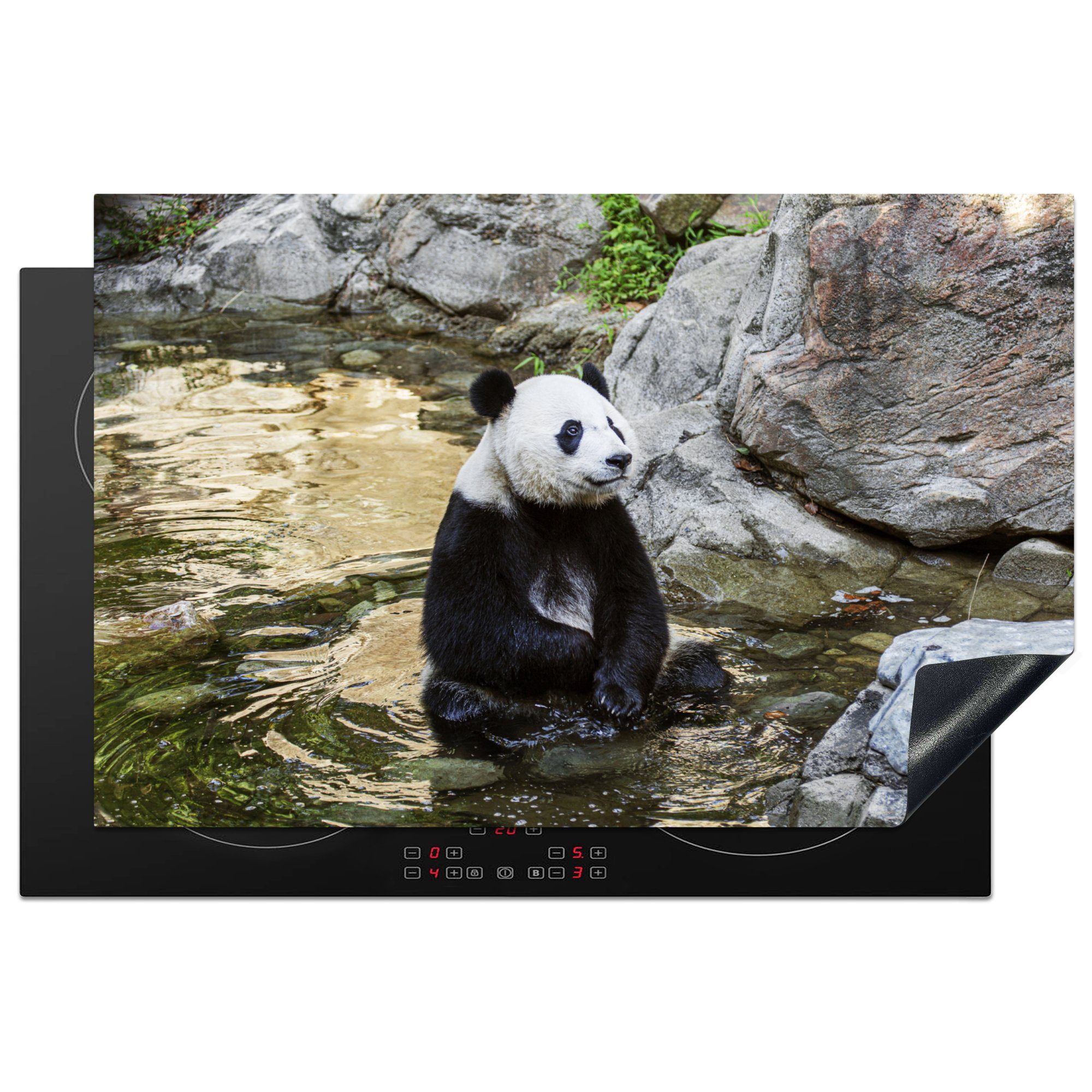 MuchoWow Herdblende-/Abdeckplatte Panda - Fluss - Stein, Vinyl, (1 tlg), 81x52 cm, Induktionskochfeld Schutz für die küche, Ceranfeldabdeckung