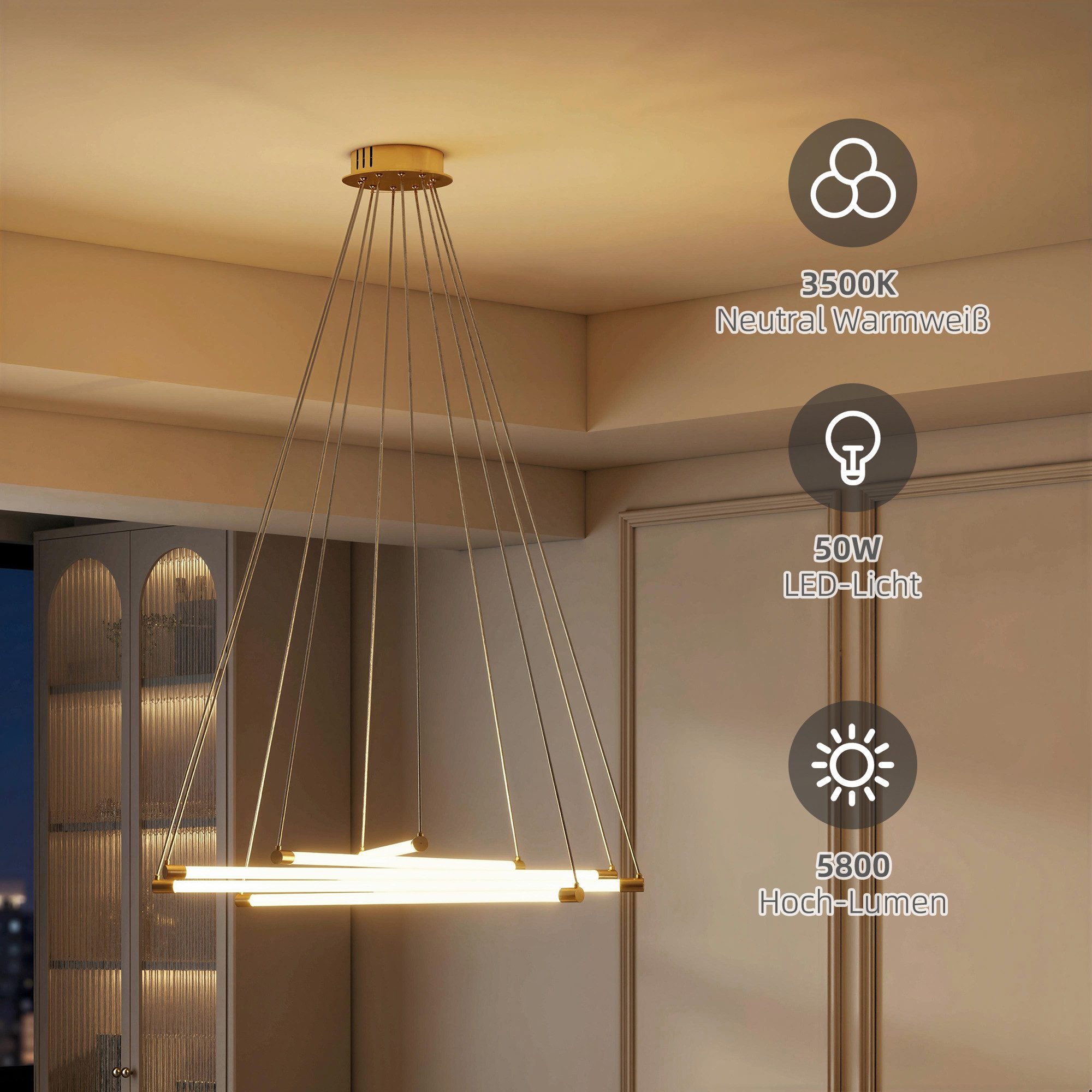 HOMCOM Pendelleuchte LED Hängelampe mit verstellbaren Armen, moderner 50 W, Höhenverstellbar, LED-Beleuchtung, LED-Lampe, Warmweiß, Weiß, Kaltweiß, für Wohnzimm – Bild 5 von 5