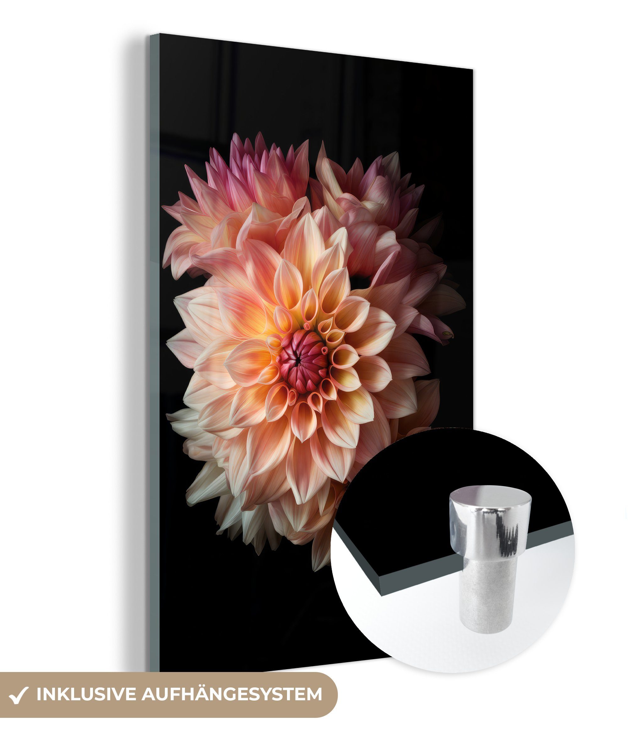 (1 St), Glas Glasbilder - Dahlie Rosa Glas Blumen Botanisch, - - MuchoWow auf Wanddekoration Schwarz auf Acrylglasbild - - Foto - Bilder Wandbild -